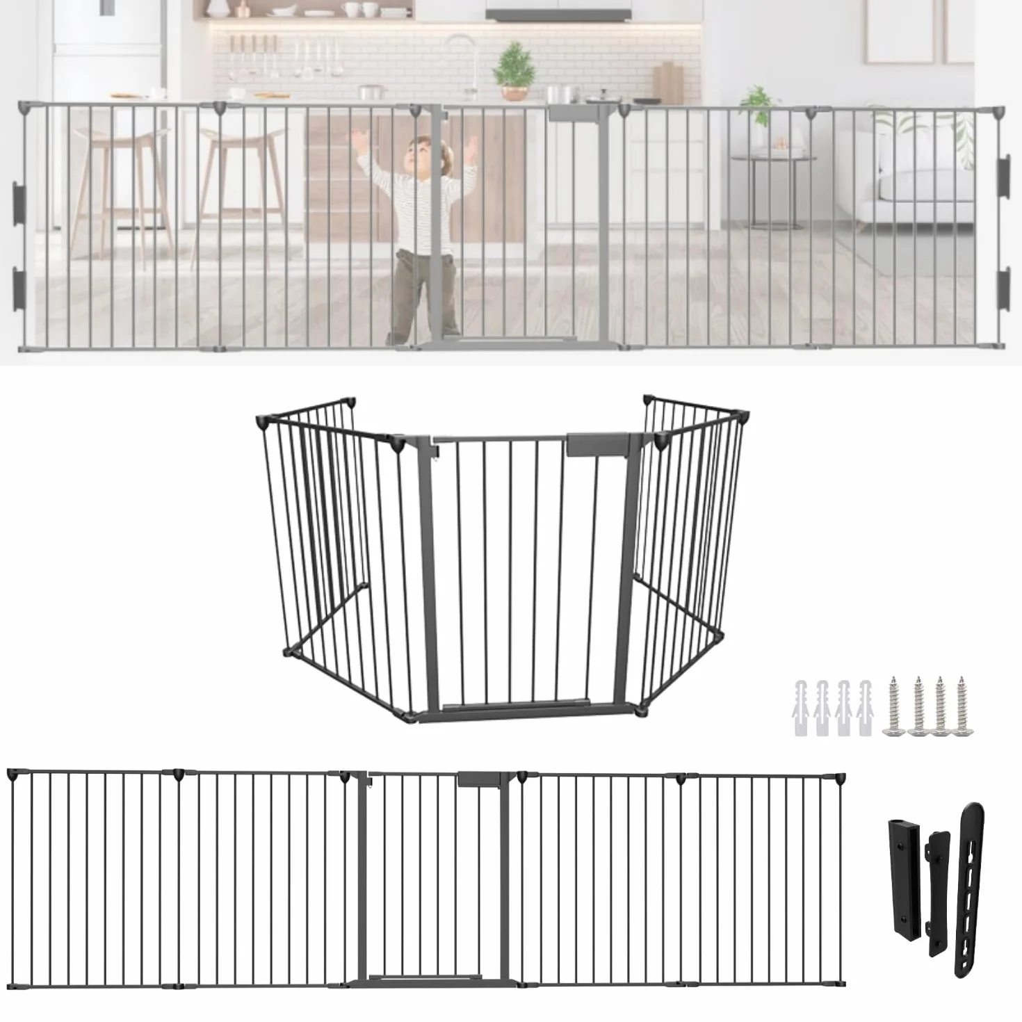 Sonnewelt Barrera Seguridad niños Escalera 310 cm, Valla Seguridad Infantil 5 Piezas, Vallas para Perros, Rejilla de protección para Chimenea, Barrera para niños y Mascotas, Color Negro