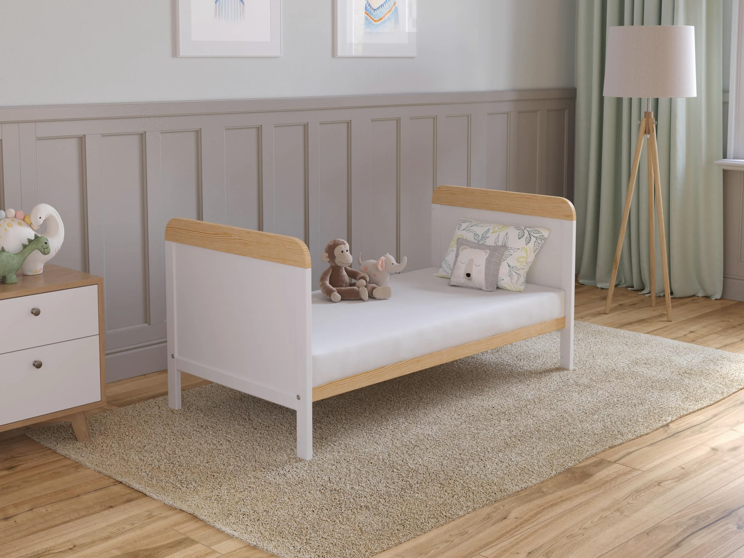 Love For Sleep Cuna Convertible en Cama 120x60 cm - Incluye Colchón - Madera Blanco-Pino, Juego Completo para Bebé - Cama Evolutiva 2 en 1
