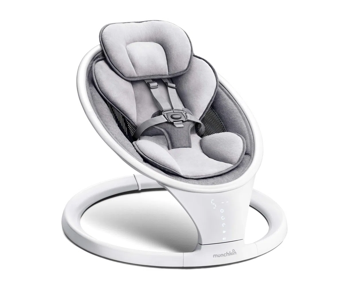Munchkin Hamaca Eléctrica, Mecedora de Bebé y Recién Nacido con Bluetooth, Silla Portátil, con Movimiento y Sonidos, Gris/Blanco