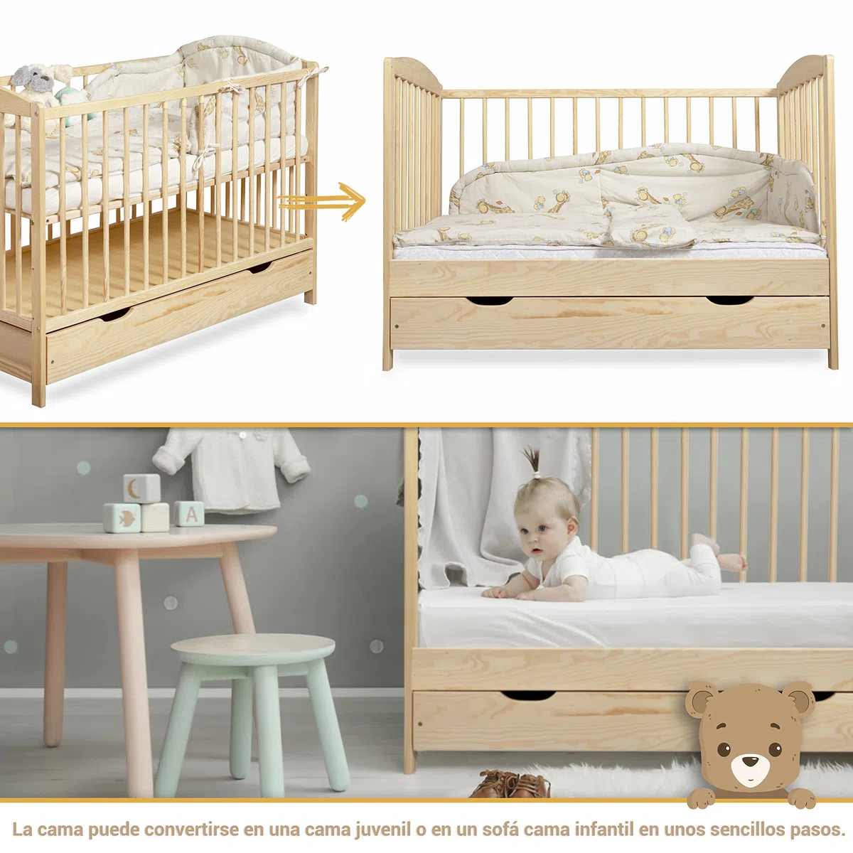 Cuna Bebe con Cajón - Cuna Bebe Madera con Barandillas de Protección - 60x120cm - Regulable en Altura - Cuna para Bebe Convertible en Cama Infantil - Cuna de Bebe para Niñas y Niños Marrón