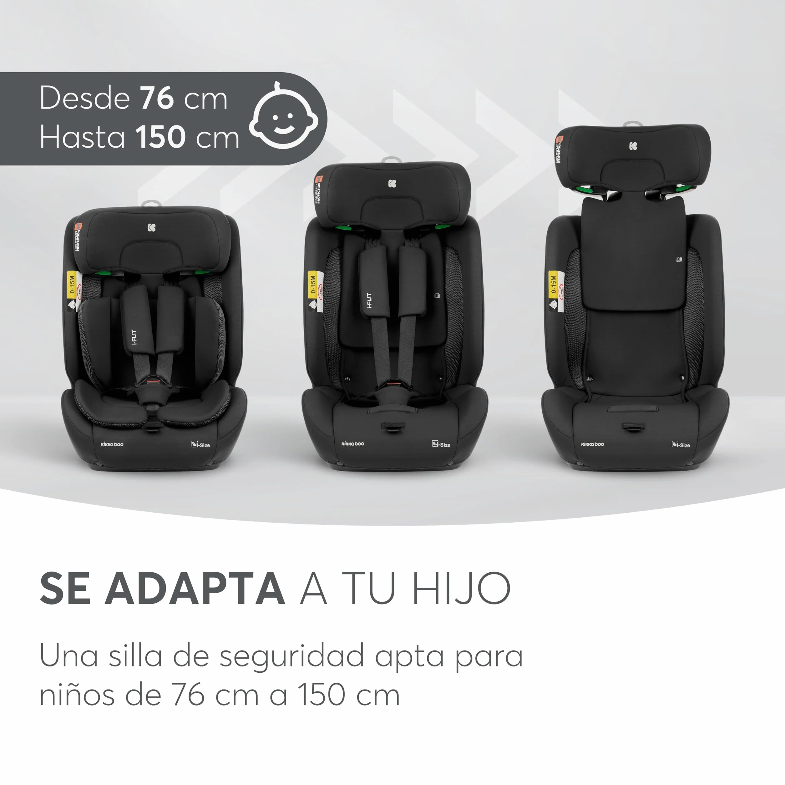 KikkaBoo Silla de Coche Bebe ISOFIX Grupo 1 2 3 (9-36 kg) i-FLIT, de 15 Meses a 12 Años, Seguridad SPS, Reposacabezas Ajustable, Top Tether, 12 Posiciones Reposacabezas, Negro