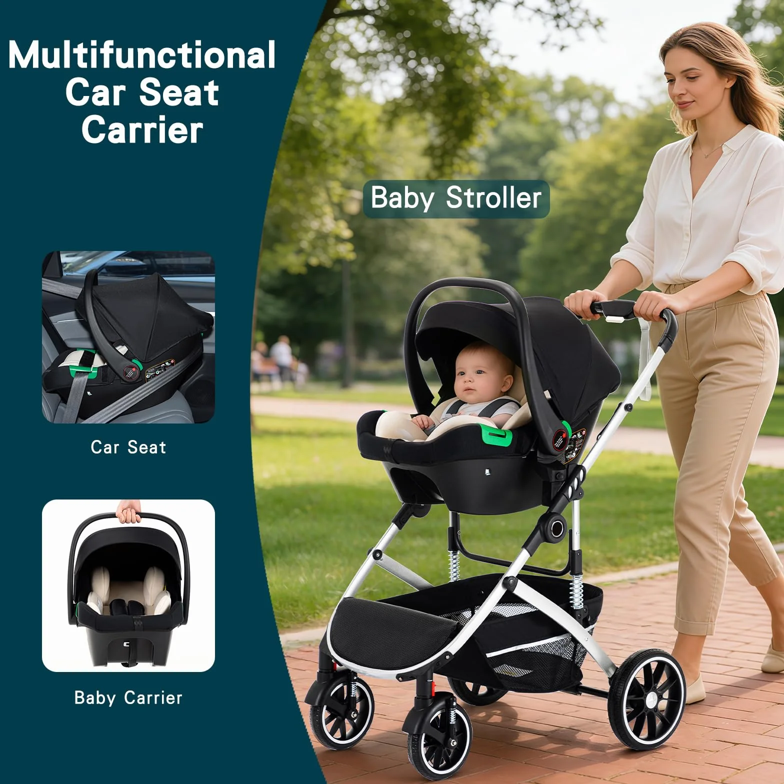 3 en 1 Cochecito de Bebé, Sistema de Viaje, Carrito Bebé Plegable con Un Solo Clic, Silla de Paseo, Capazo y Asiento de Cochecito con Mosquitera, Silla de Coche Alto para Recién Nacido 0-4Años