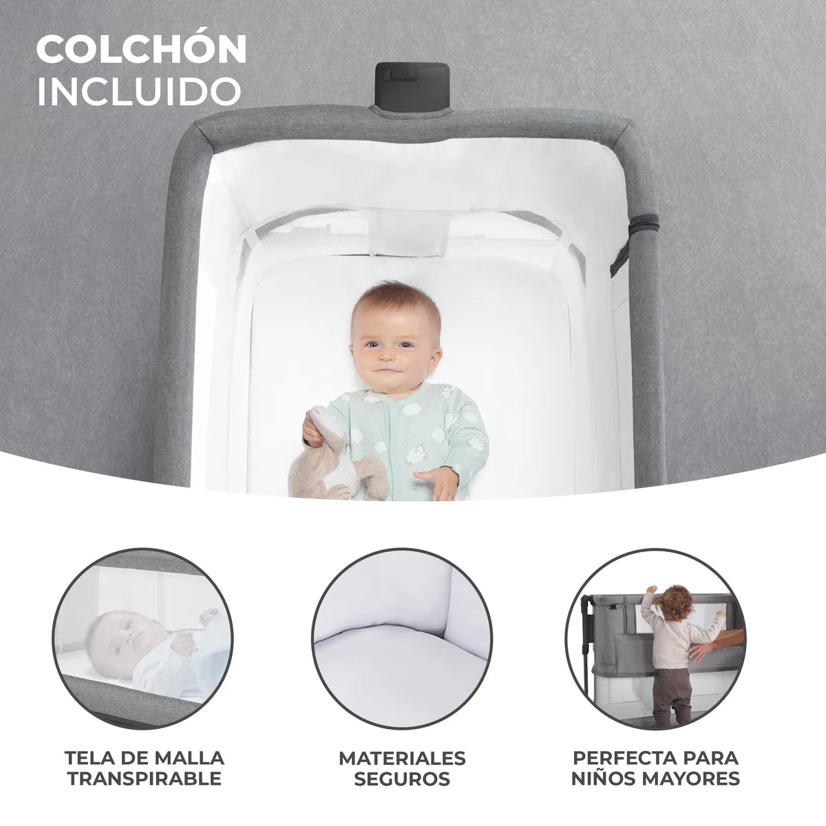 Kinderkraft Neste Grow Cuna de Cabecera Colecho 3 en 1, para Bebé, con Colchón, Fácil Ajuste, Desde el Nacimiento hasta los 2 años, Buena Circulación de Aire, Ruedas transportarás, Gris