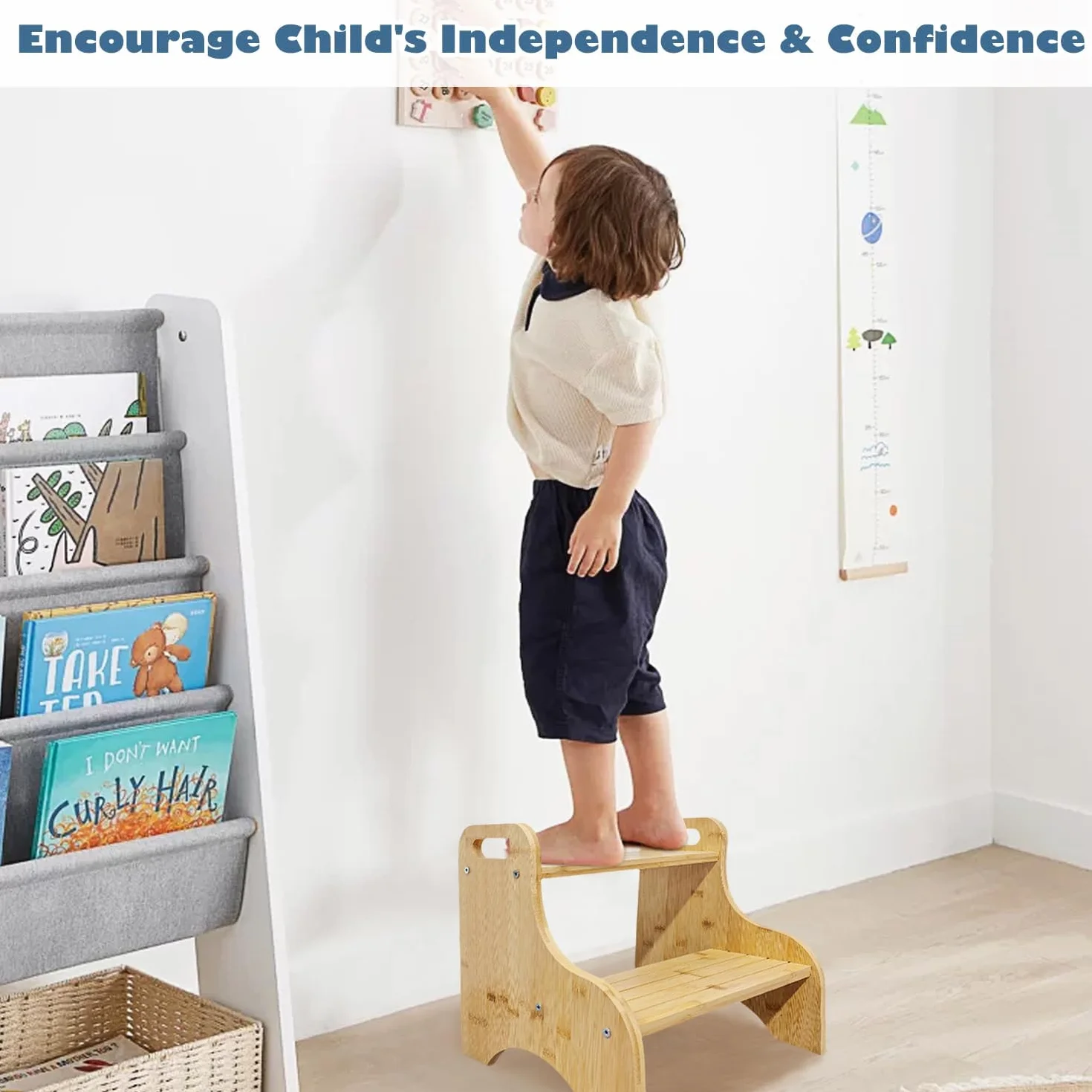 Taburete Infantil Bambú 2 Peldaños 80 kg Antideslizante Asas Portátiles