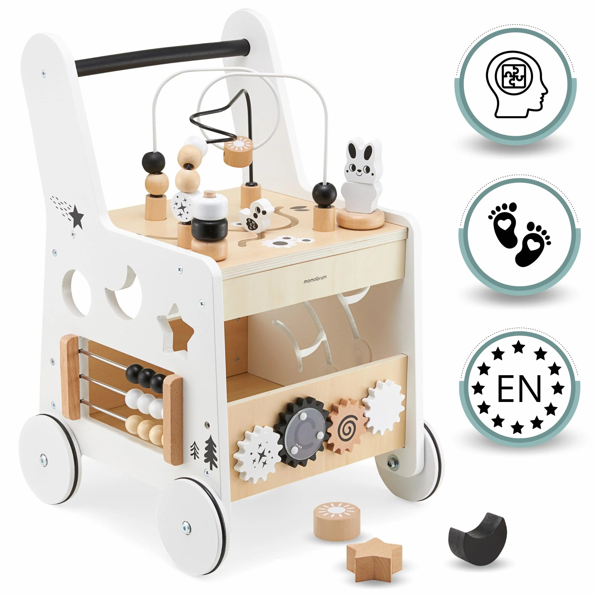 Mamabrum Caminadora y Andador Bebé 6 en 1 - Mesa Educativa de Madera con Ábaco, Engranajes y Juegos - Centro de Actividades para Primeros Pasos - 31 x 28 x 49 cm