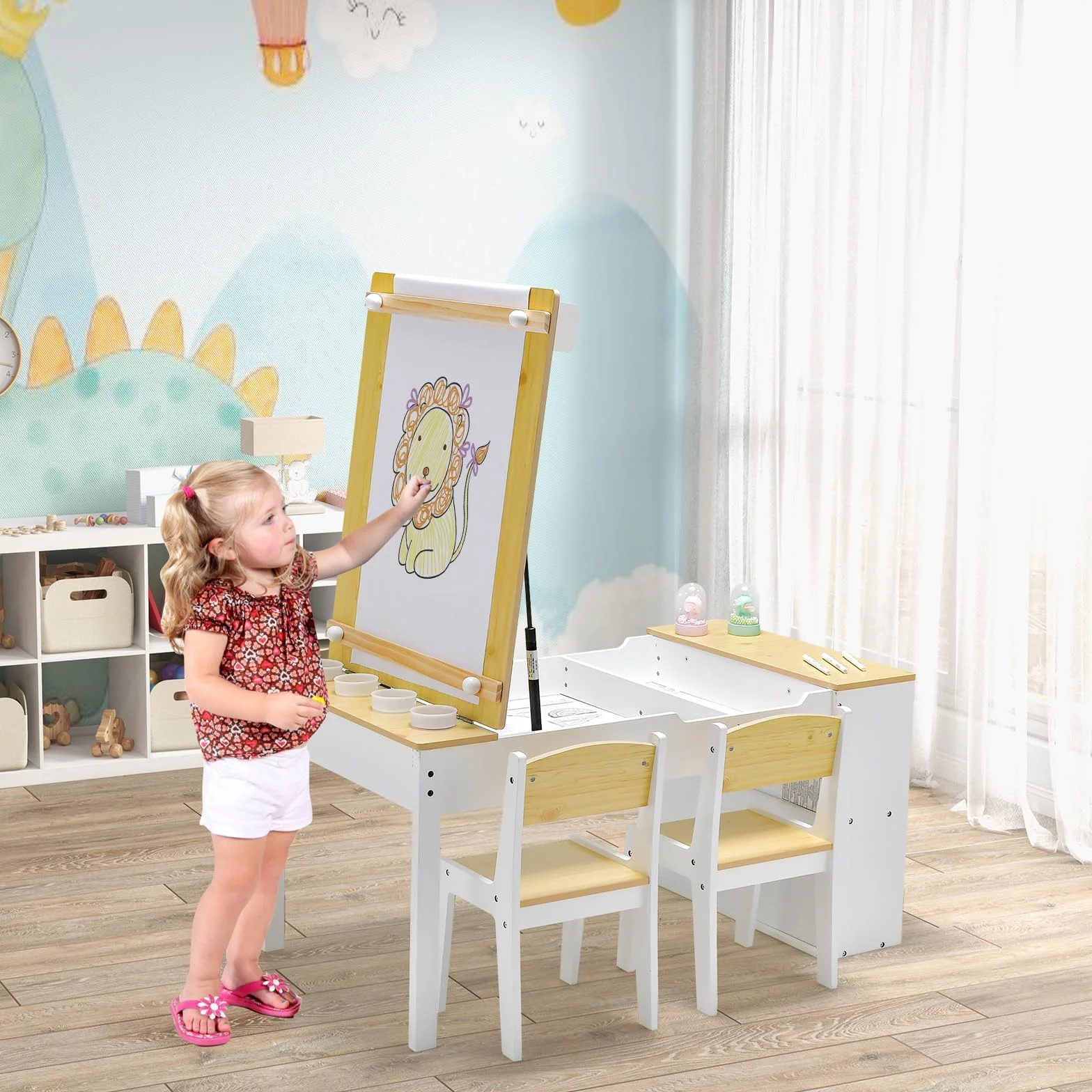 RELAX4LIFE Mesa Infantil con 2 Sillas, Mesa y Silla Infantil de Madera para Niños con Encimera Elevable, 2 Espacio Interior, 6 Cajones de Tela, 4 Tazas para Pintar y Rollo de Papel (Natural)