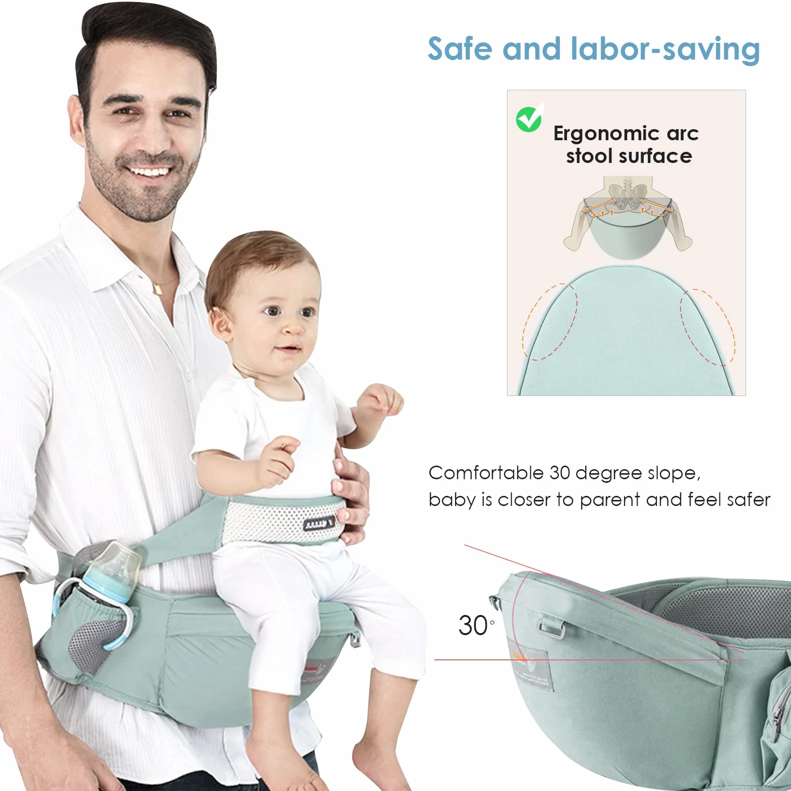 SONARIN Portabebé Asiento de Cadera Ergonómico Taburete de Cintura Algodón con Cinturón de Seguridad Verde