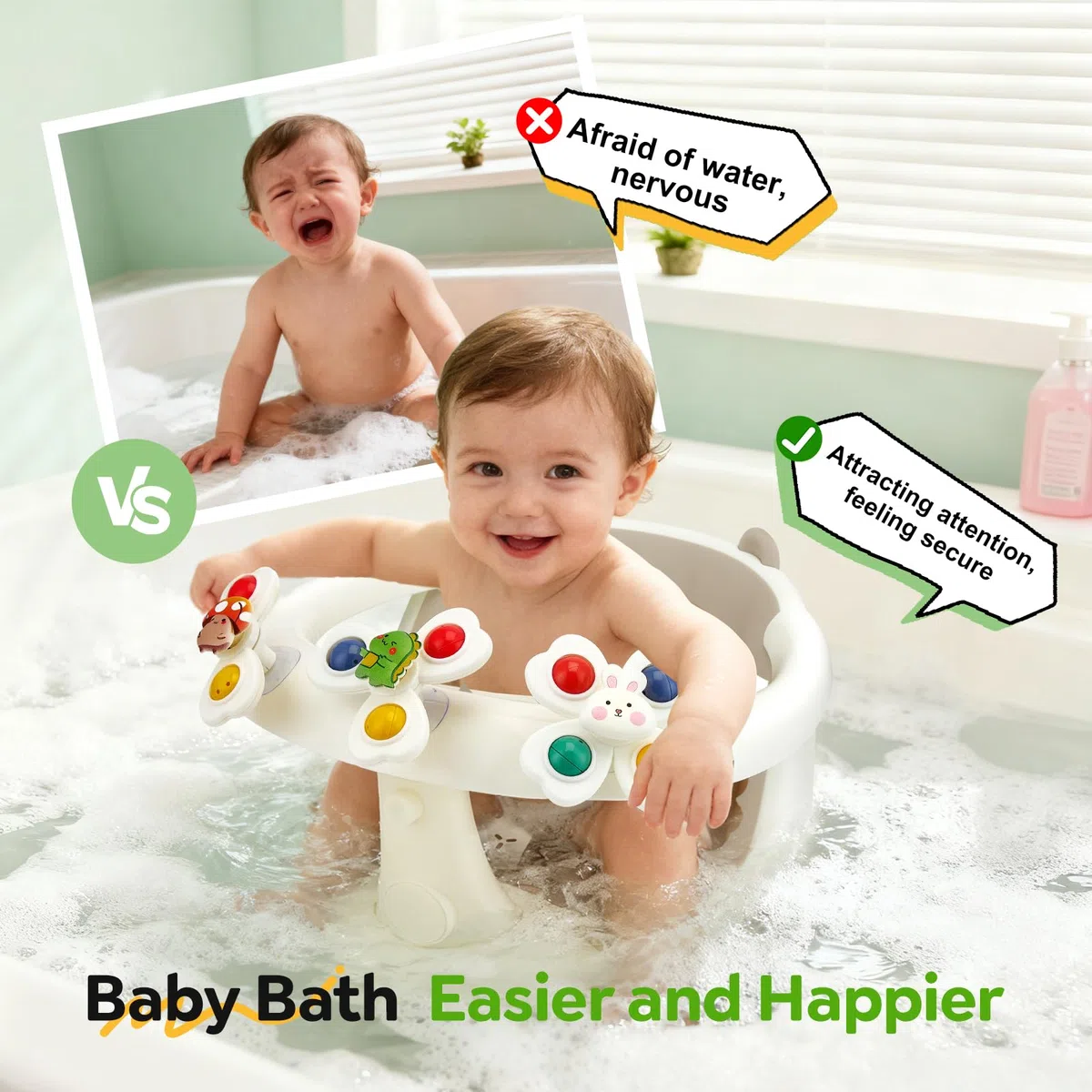 Asiento de baño para bebés a partir de 6 meses, asiento de bañera con 4 ventosas fuertes, respaldo ergonómico