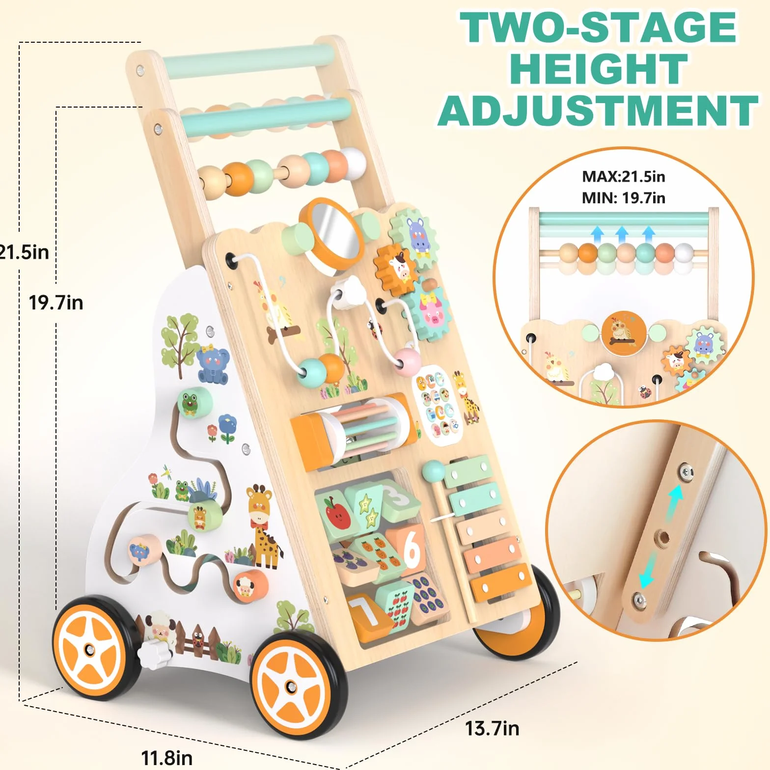 Andador de madera para niños 12+ meses, caminador Montessori con centro de actividades, laberinto de cuentas, clasificador de formas, xilófono y juego de pesca, altura y velocidad ajustables