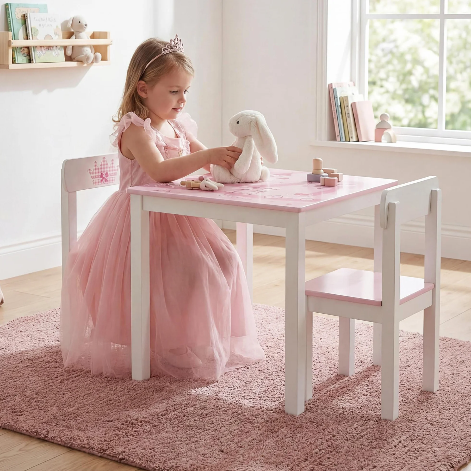 roba Conjunto Mesa + 2 Sillas Infantiles Krone - Diseño de Princesa y Corona - Juego de Muebles - Rosa / Blanco