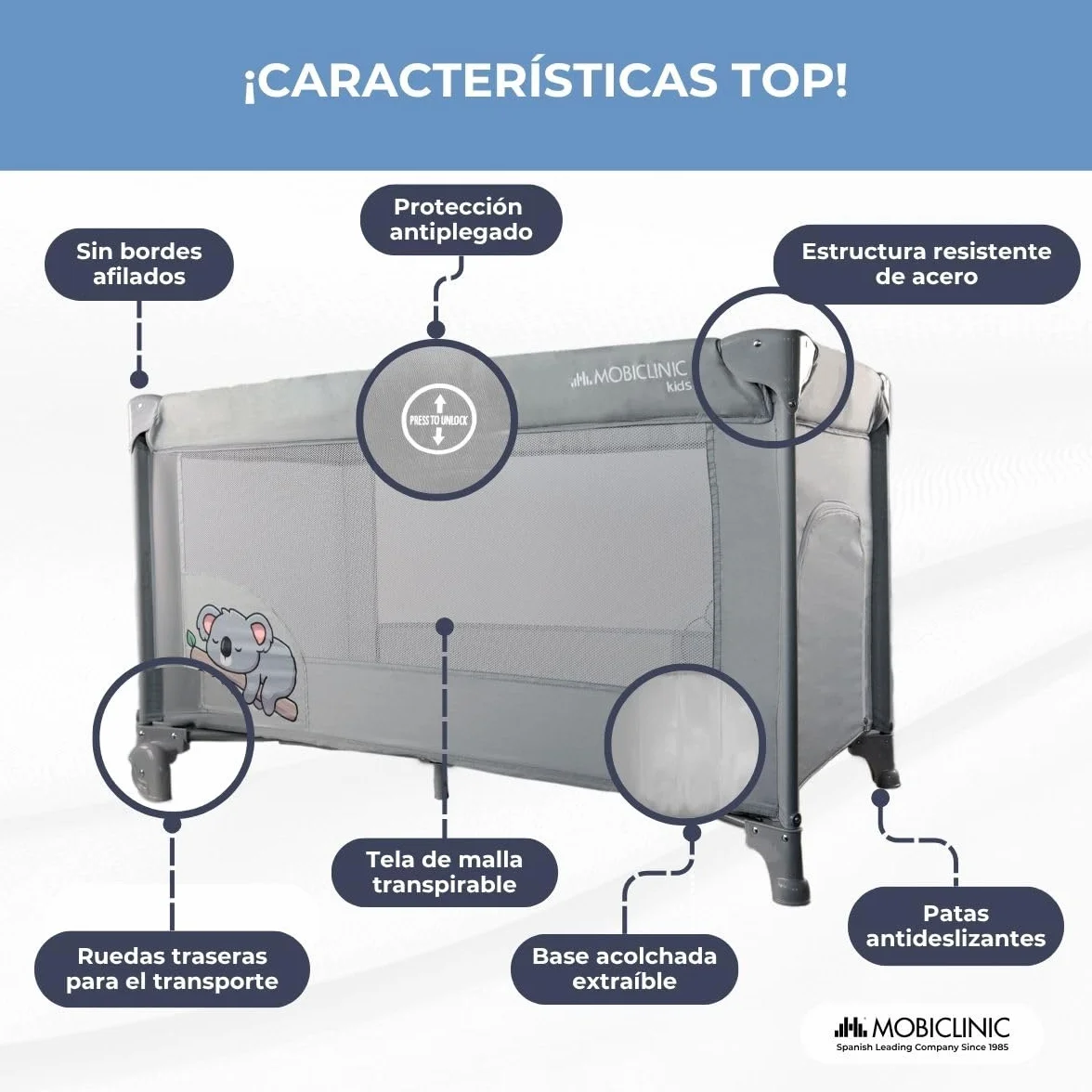 Mobiclinic Cuna de Viaje Bolsa Transporte 2 en 1 Plegado ultracompacto Colchón extraíble hasta 15kg Tela Transpirable Entrada Lateral con Cremallera Parque bebé Ruedas Gris