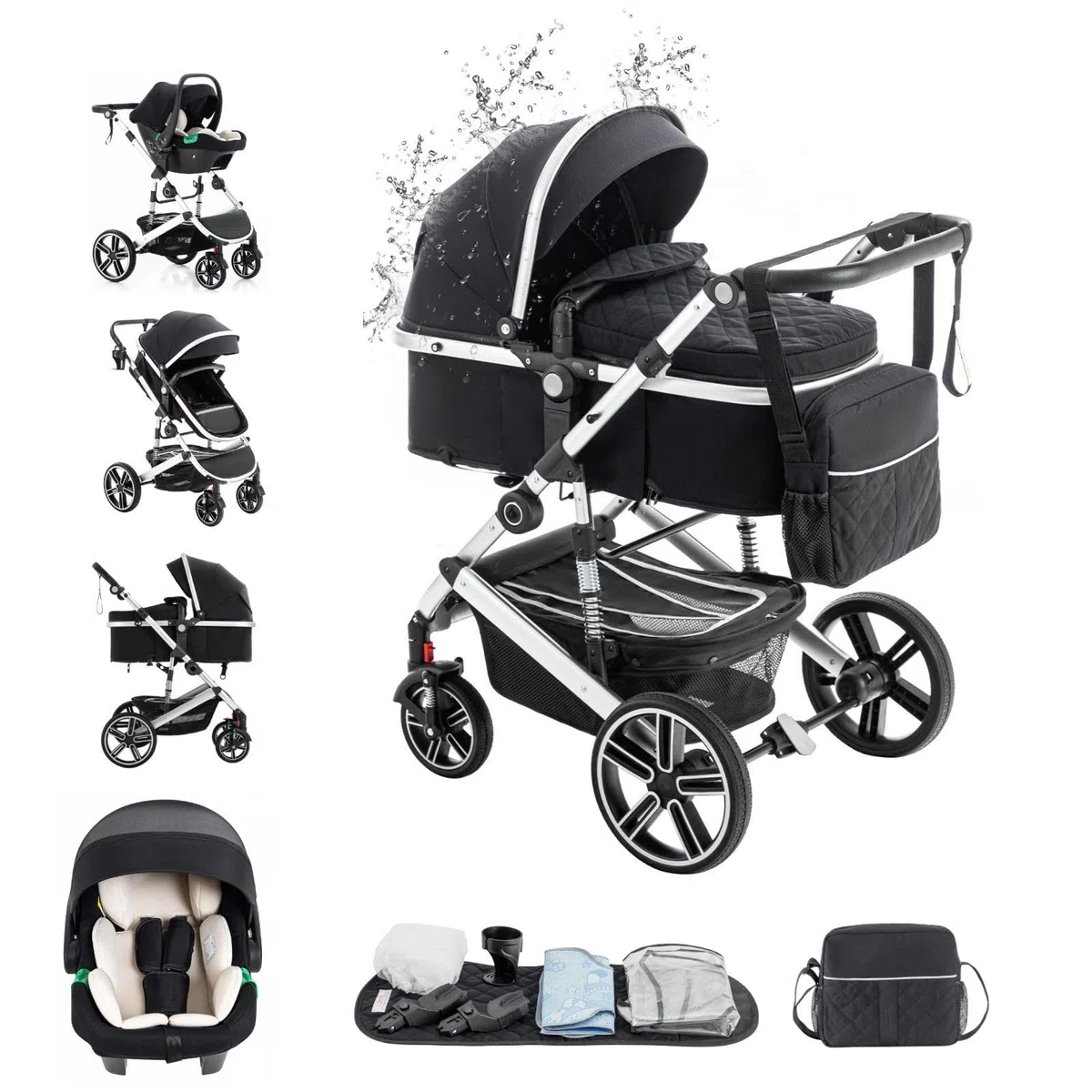 3 en 1 Carrito Bebé, Cochecito Bebe con ECE R129 Asiento de Coche, Cochecito con Mango Ajustable de Altura, Cochecito Carro de Visión alta con Marco de Aluminio (22KG, 0-4 Años)