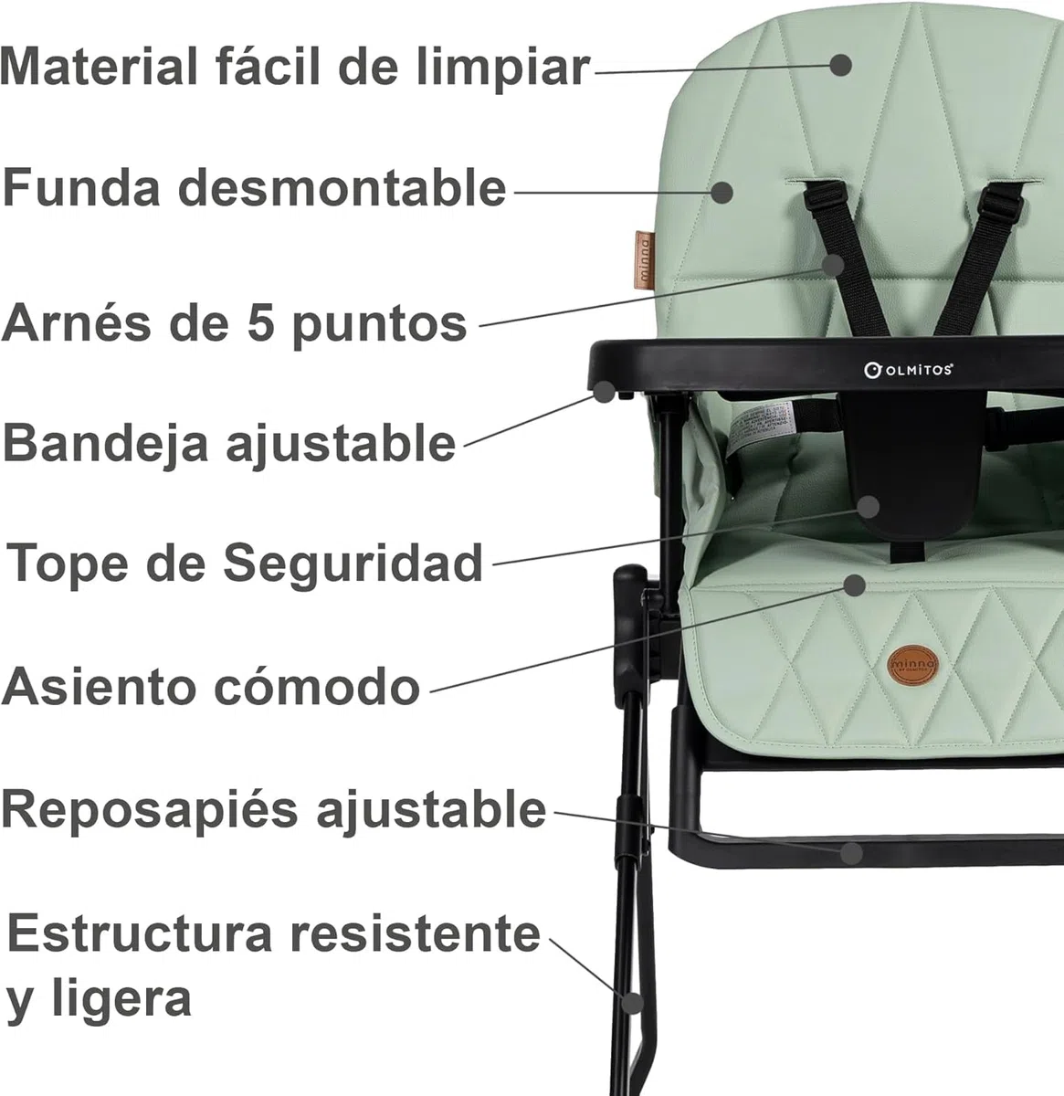 Olmitos – Trona para Bebé Plegable Ligera y Ultracompacta MINNA – Trona portátil de viaje 4.9kg ergonómica con Funda Acolchada de 6 meses a 3 años - reposapiés ajustable y Arnés 5 Puntos, Verde