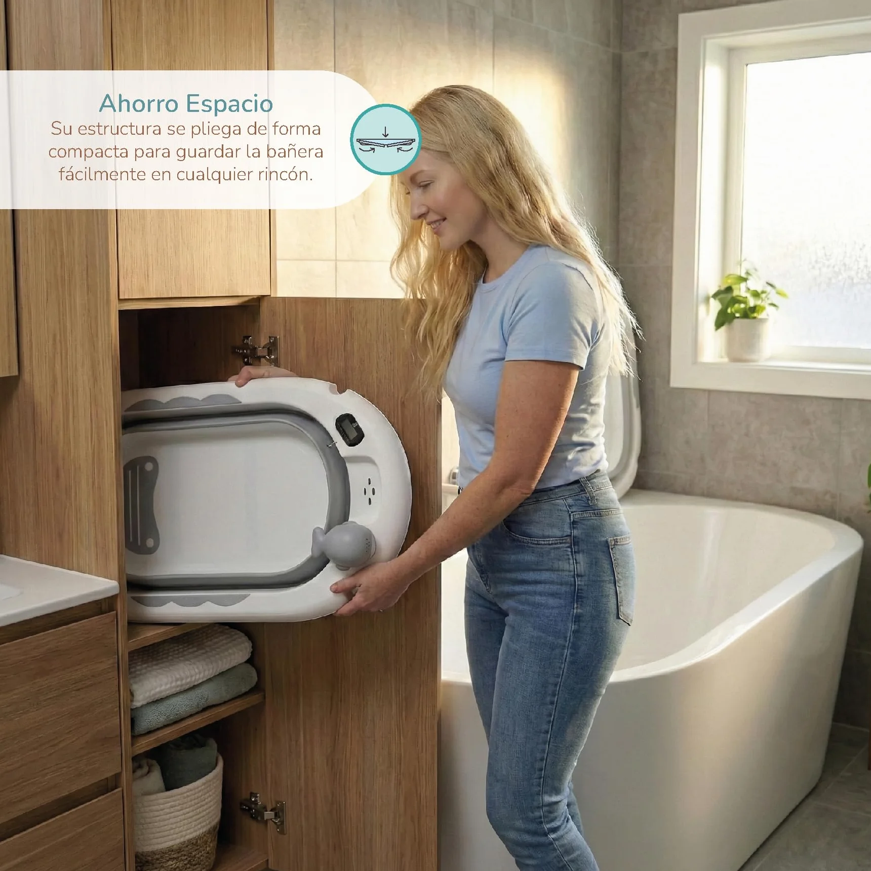 Buddy Baby - Bañera Plegable BebéSplash con Temperatura - Desde 0 meses - Cojín reductor extraíble - Base antideslizante - Tapón desagüe - Diseño compacto y portátil - Regadera ballena