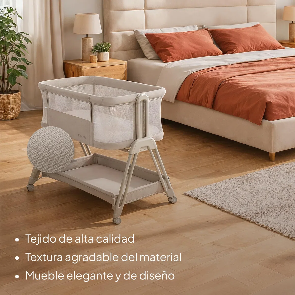 lionelo Luna Cuna de colecho portátil con colchon Cuna de Viaje Bebe co-Sleeping Desde recién Nacido hasta los 9 kg Altura e inclinación Regulables 4 Ruedas con Bloqueo ventilada