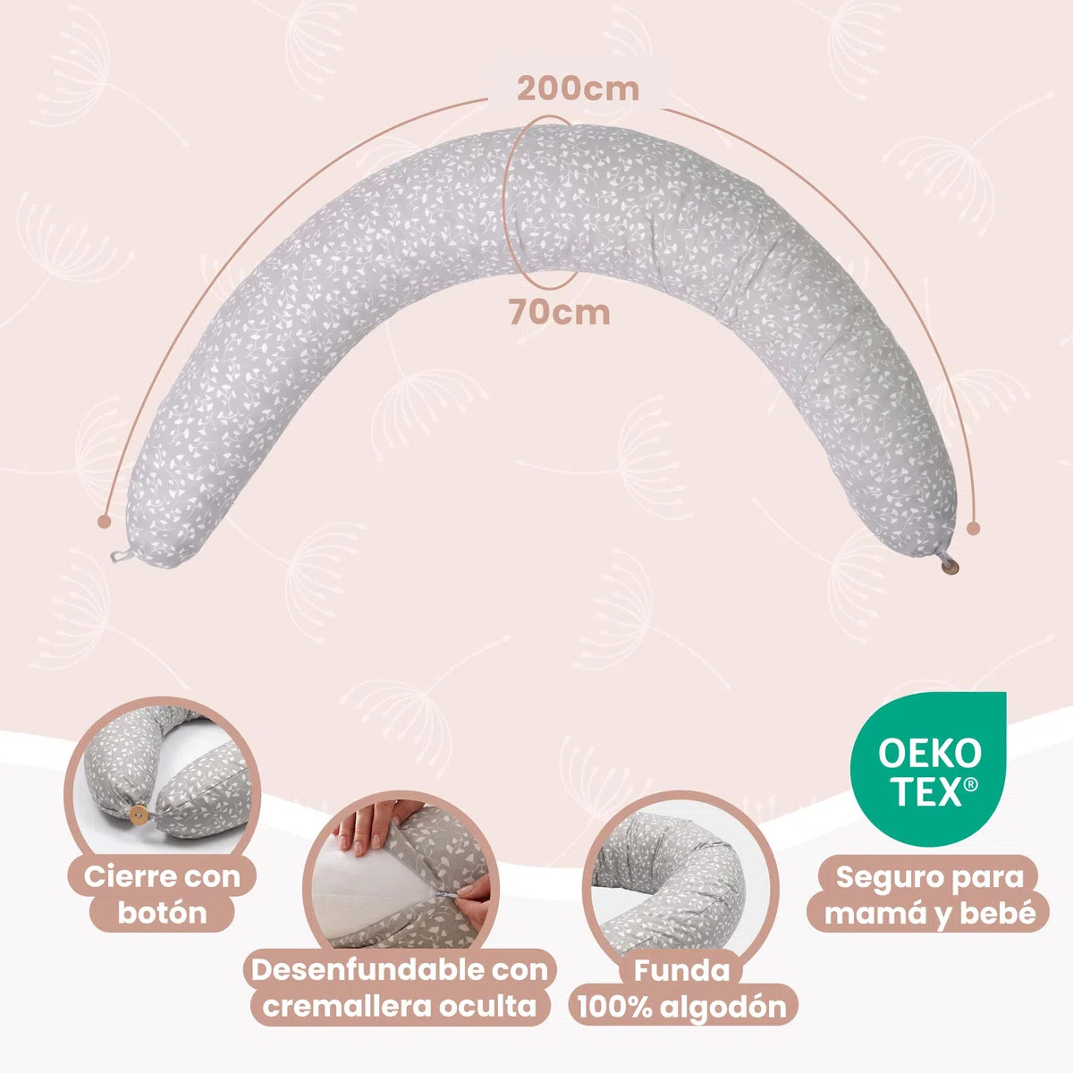 MIMUSELINA Cojin Lactancia y Embarazo 100% Algodón | Extra Grande y Mullido | 200 x 70 cm | Almohada Embarazada, Lactancia y Nido de Bebé | Funda Desenfundable y Lavable | Gris con Flores