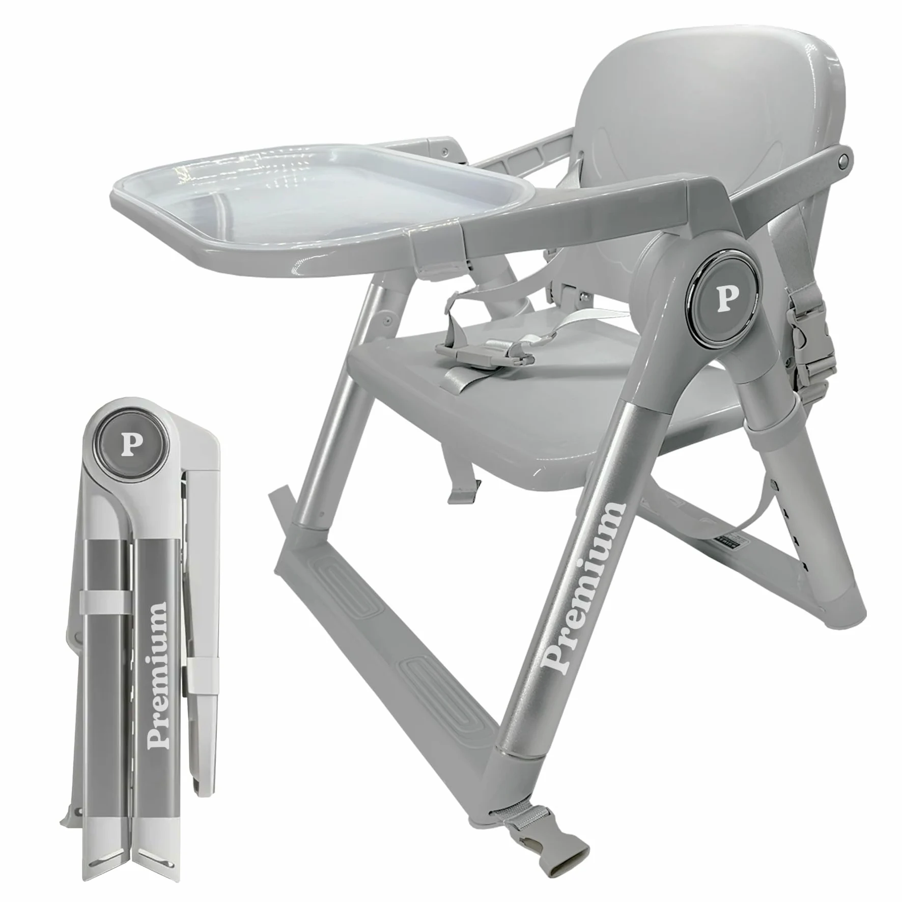 Trona Portátil Plegable Premium para Bebé 2 en 1, Elevador de Silla con Correas de Fijación, 4 Alturas, Bandeja Extraíble, Bolsa de Transporte, 6-36 Meses, hasta 15 kg (GRIS + PLATA)