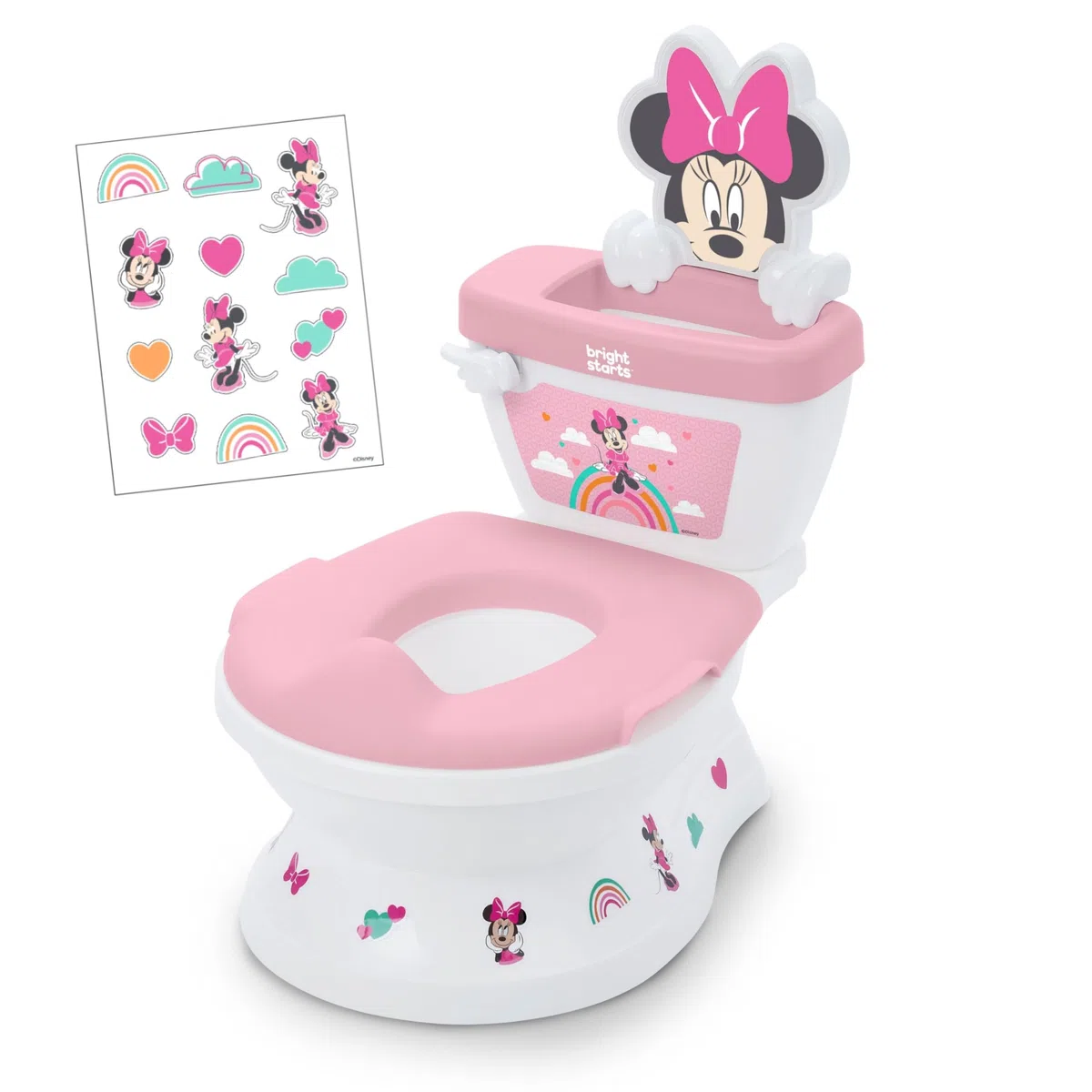 Bright Starts, Disney Baby Orinal 2 en 1 Minnie Mouse, con Sonidos de Descarga y Aplausos, desde 18 Meses, hasta 23 kg, Rosa
