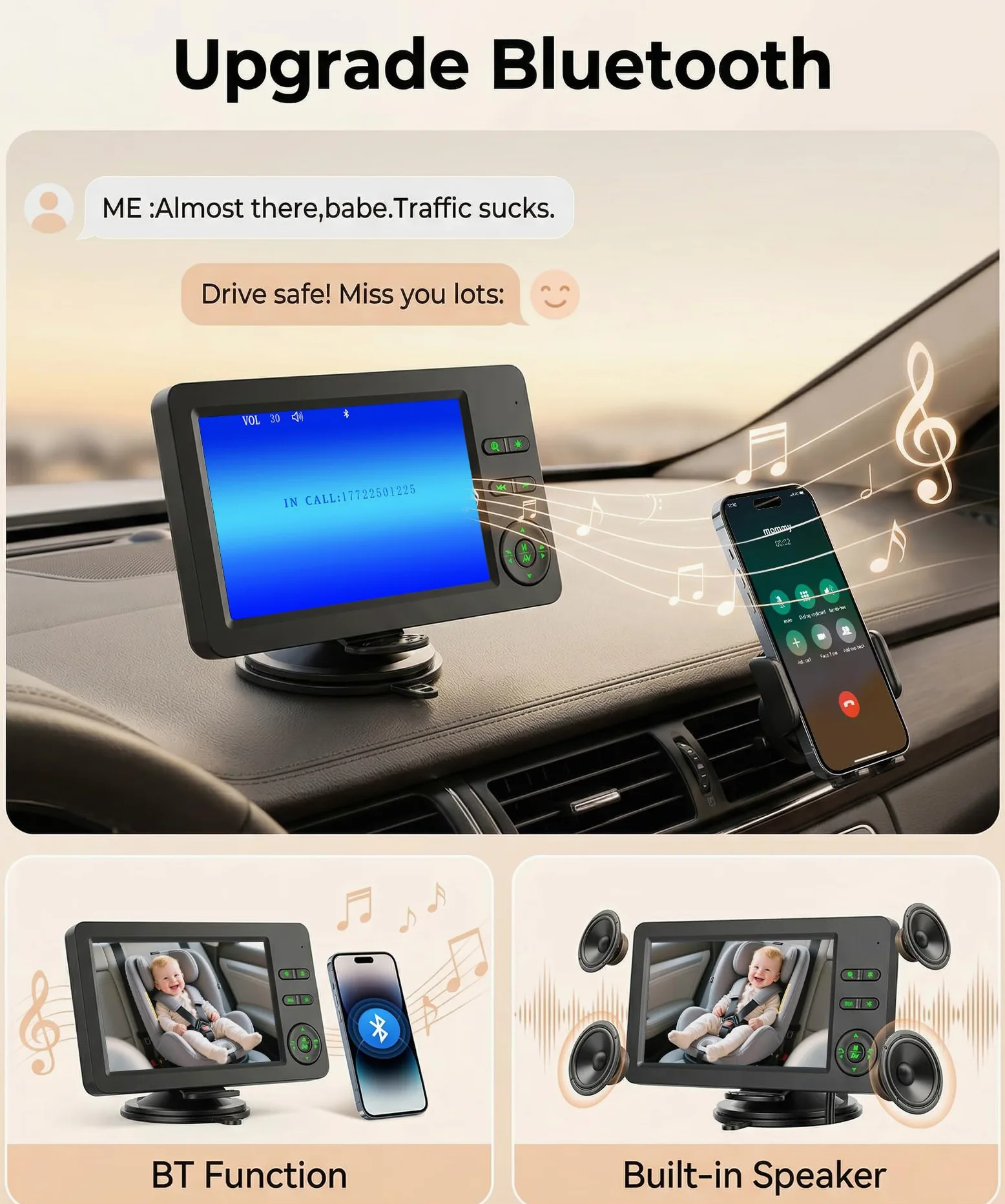 Rimoody Cámara de Coche para Bebé, Espejo de Coche para Bebés para el Asiento Trasero con 4,3 Pulgadas IPS Monitor, Visión Nocturna IR, Manos Libres y Música Bluetooth, Iluminación de Siete Colores