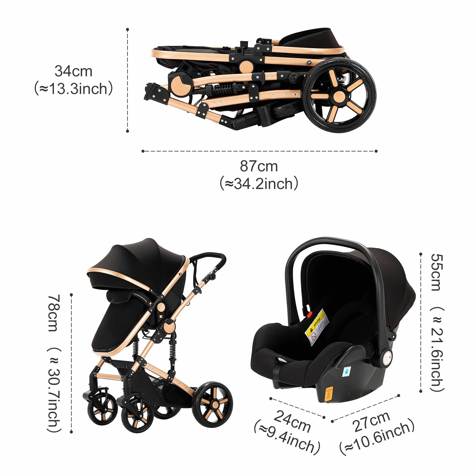 Cochecito 3 en 1, CochIT de Viaje Reclinable y Reversible, Carricoche Carro 3 Piezas Plegable con Un Solo Clic, Carrito con AccITorios Completos y Frenos DoblIT (588 Grey)