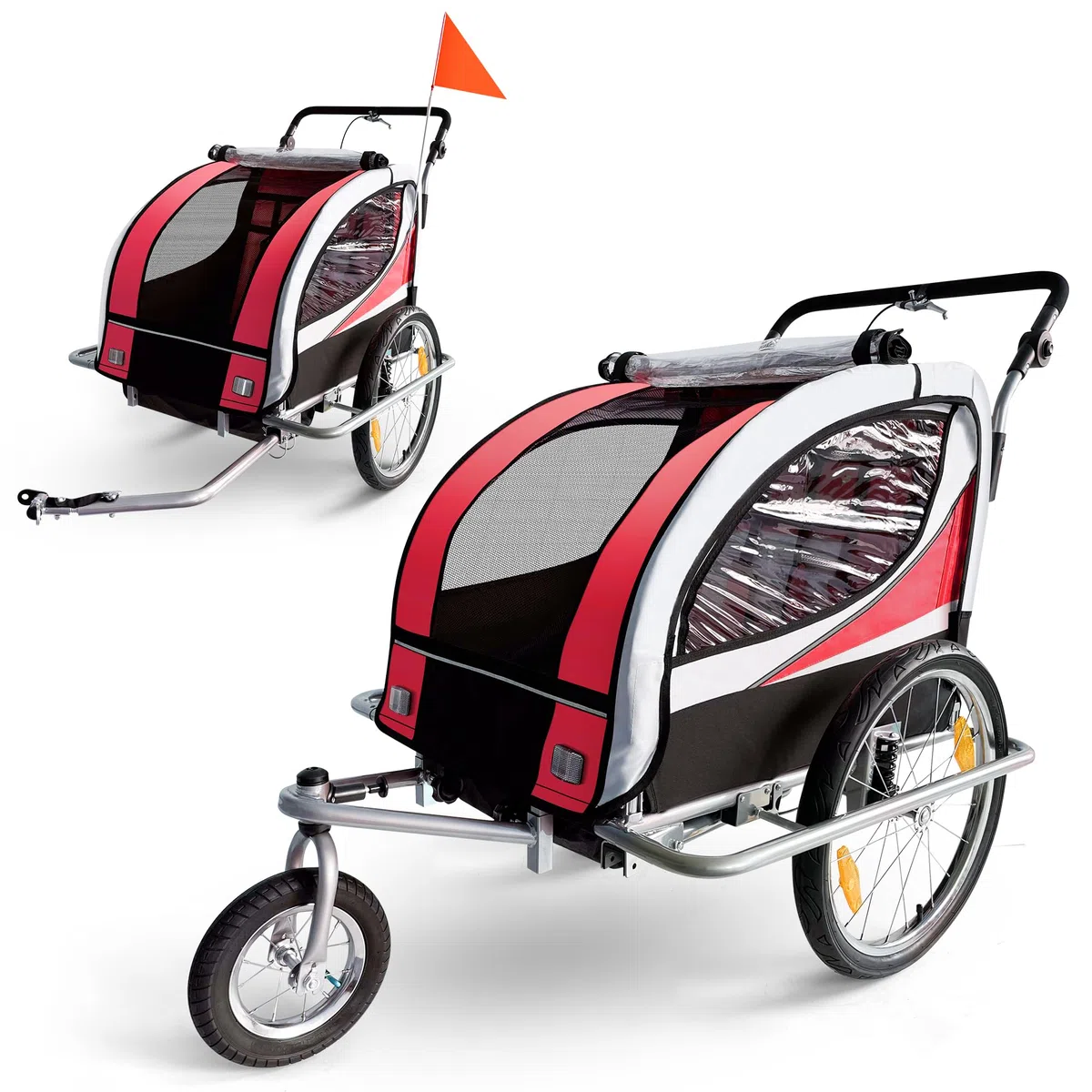 SAMAX Remolque de Bicicleta para Niños 360° girable Kit de Footing Transportín Silla Cochecito Carro Suspensíon Infantil Carro en Rojo - Silver Frame