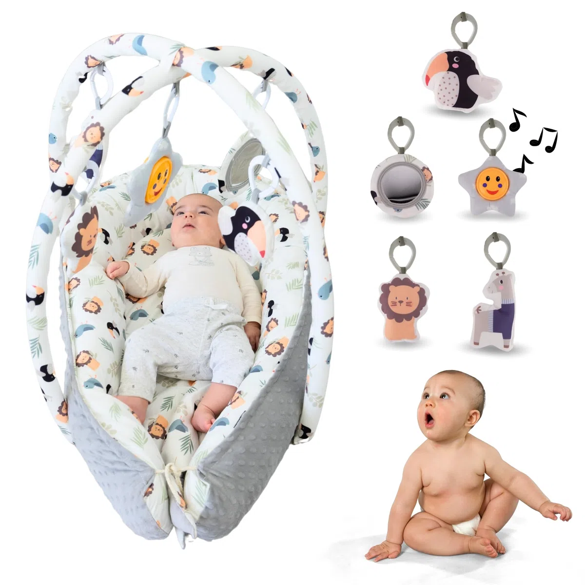 Nido de Bebé Recién Nacido 0-6 Meses - Reductor de Cuna 90cm con Arco de Juegos (5 Piezas Sensoriales) - Nido Colecho de Algodón Transpirable, Desmontable y Lavable