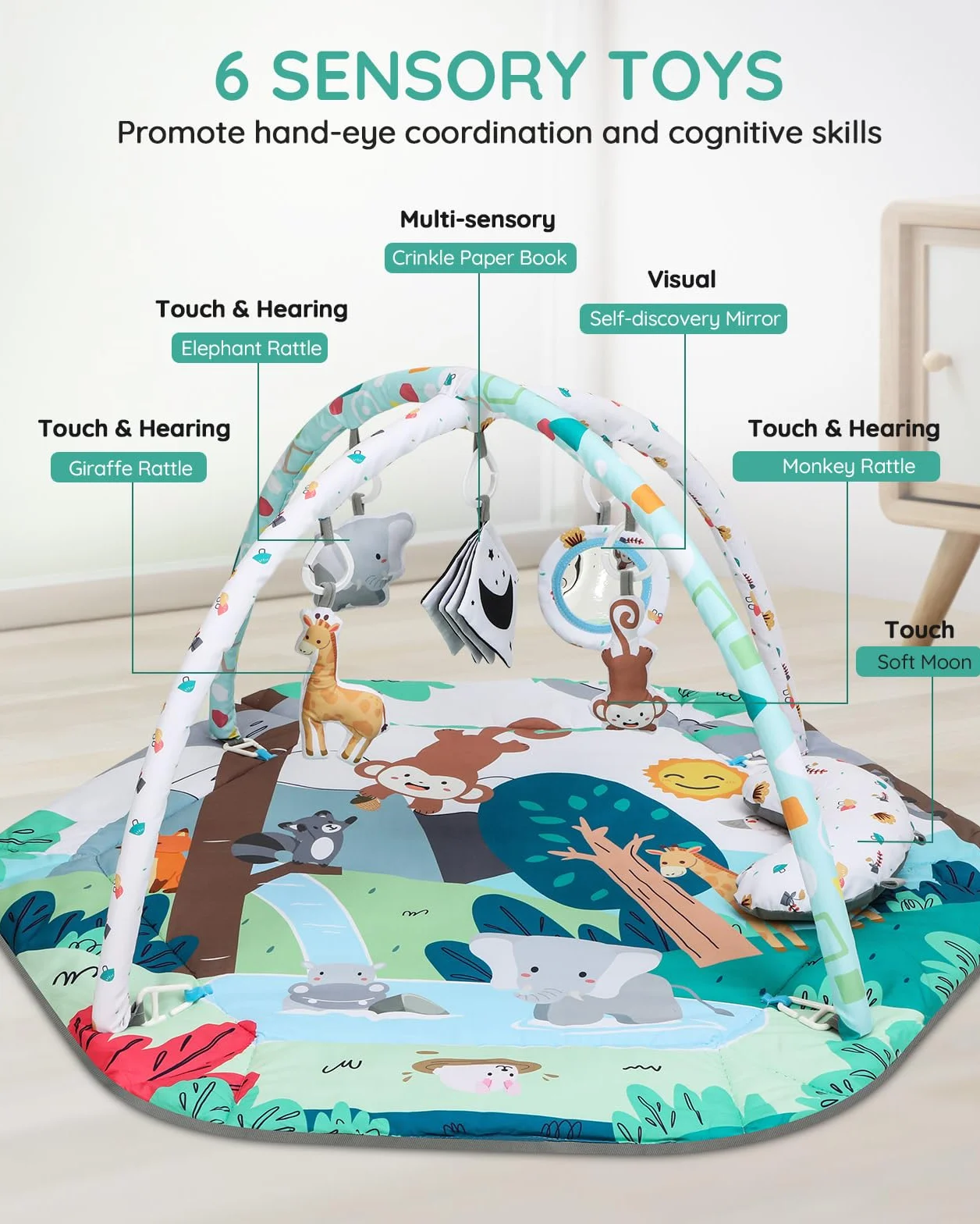 Lilian&Gema Gimansio de Actividades para bebés,Gimnasio De Juegos Para Bebe con 6 juguetes sensoriales desmontables para etapas de desarrollo sensorial y motriz,¡regalo ideal para bebés(0-18 meses)