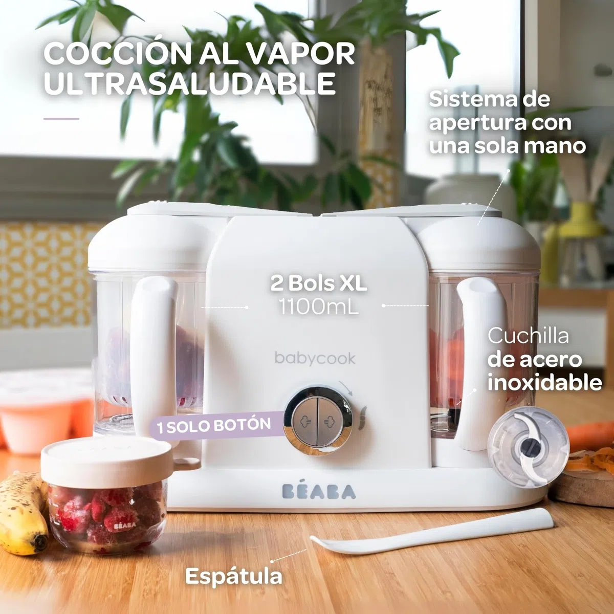 BÉABA Babycook Duo, Robot de cocina infantil 4 en 1, Tritura, cocina y cuece al vapor, Rápido en 15 minutos, Comida casera para bebés y niños, Capacidad XXL, 2 x 200 ml, Blanco/Plato