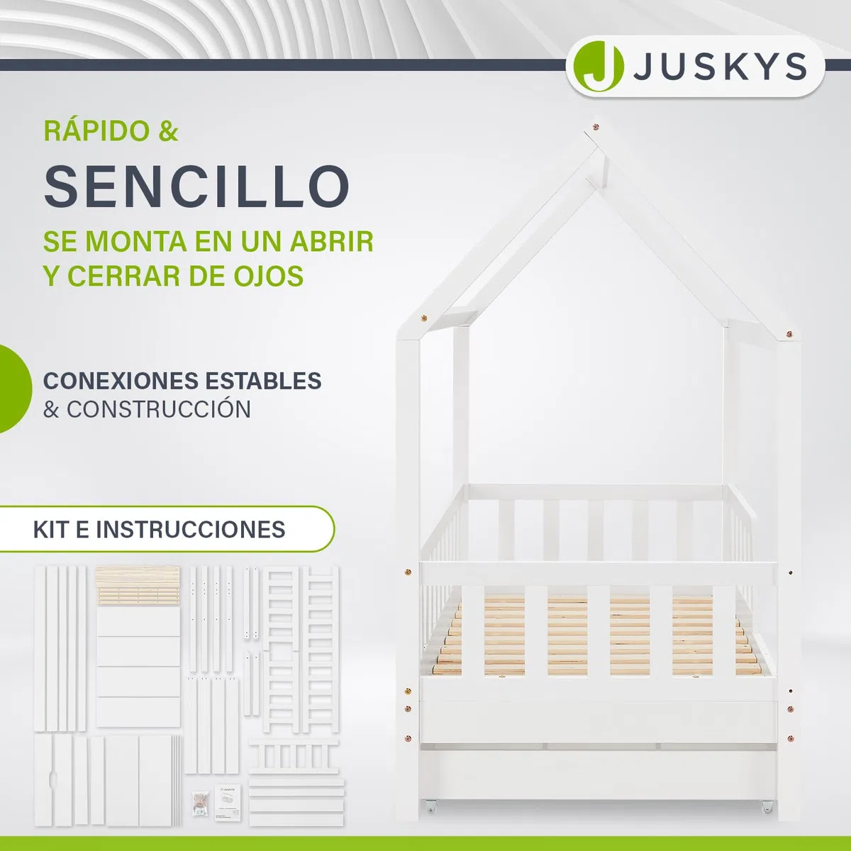 Juskys Cama Infantil Marli 80 x 160 cm con canapé de 2 Piezas, protección anticaída, somier y Techo - Cama de Madera Maciza para niños - Cama en Blanco