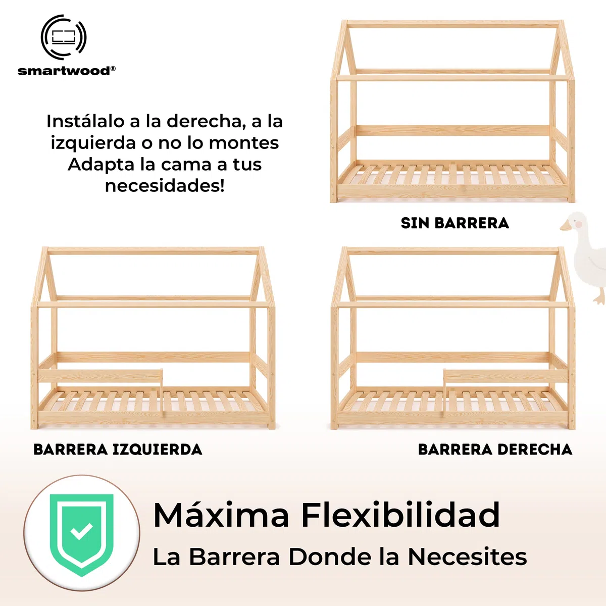 smartwood Cama Casita 90x190 cm de Madera Maciza - Cama Montessori con Barandilla y Somier hasta 230 kg - Diseño Escandinavo - para Niños y Niñas - Montaje Fácil - Milo