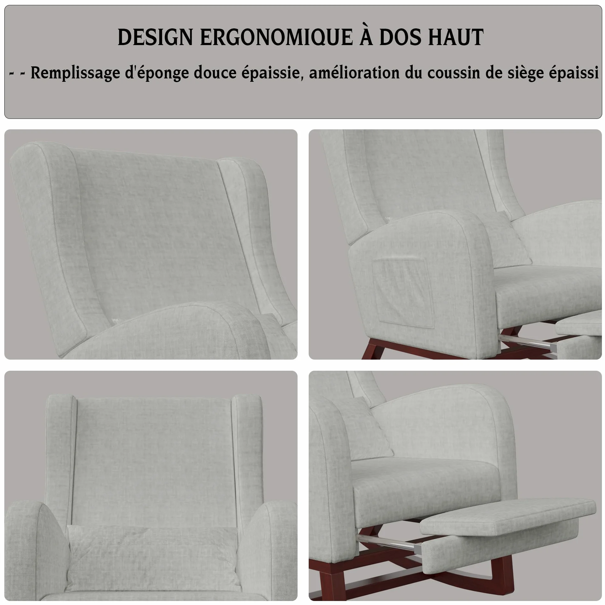 Sillón basculante con reposamuñecas retráctil, mecedora lactancia gris lino