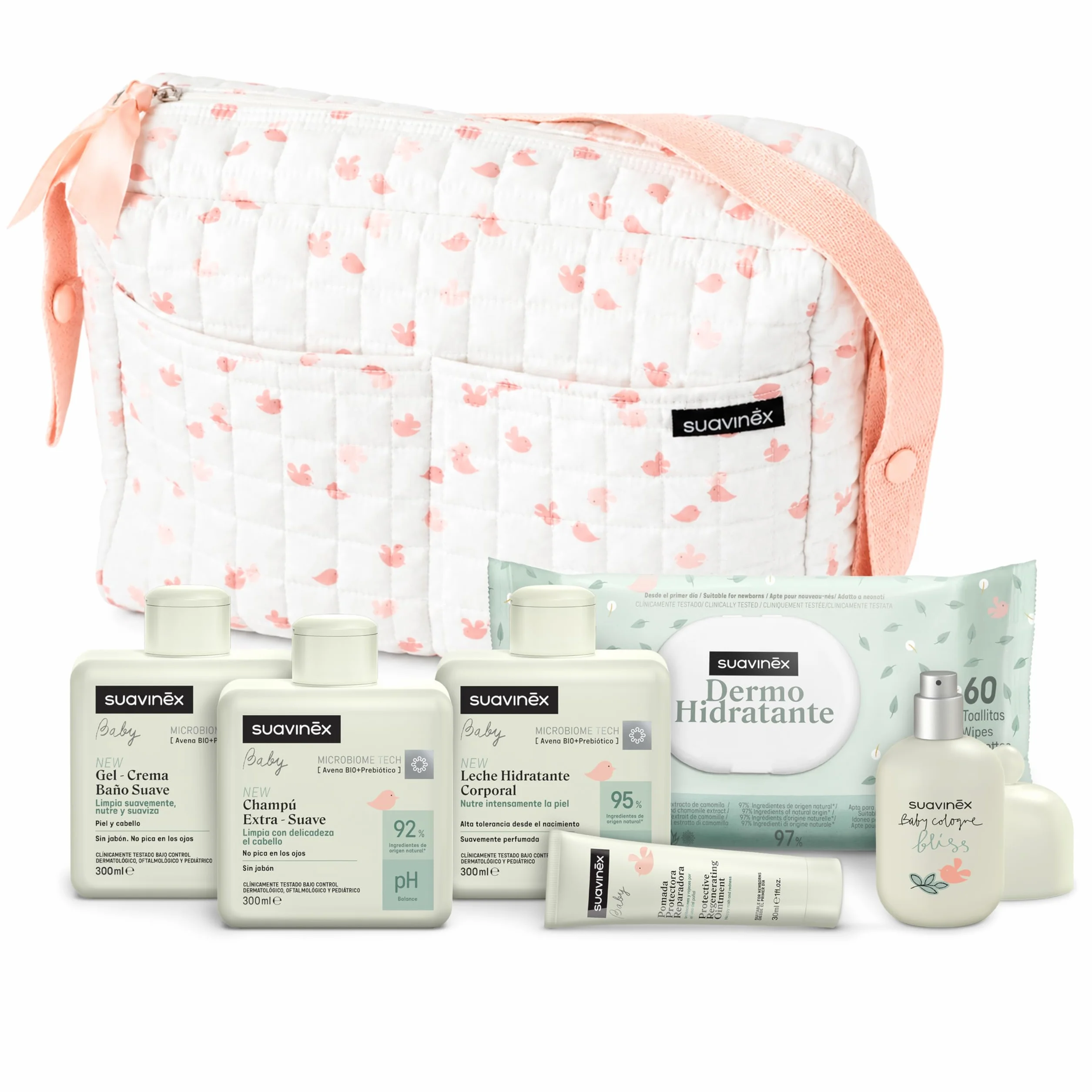 Suavinex, Bolso Carro Bebé con Cosmética: Gel Syndet + Champú Extra Suave + Loción Hidratante + Pomada Pañal 30 ml + Baby Cologne 50 ml + Toallitas. Regalo Recién Nacido, Canastilla, Rosa