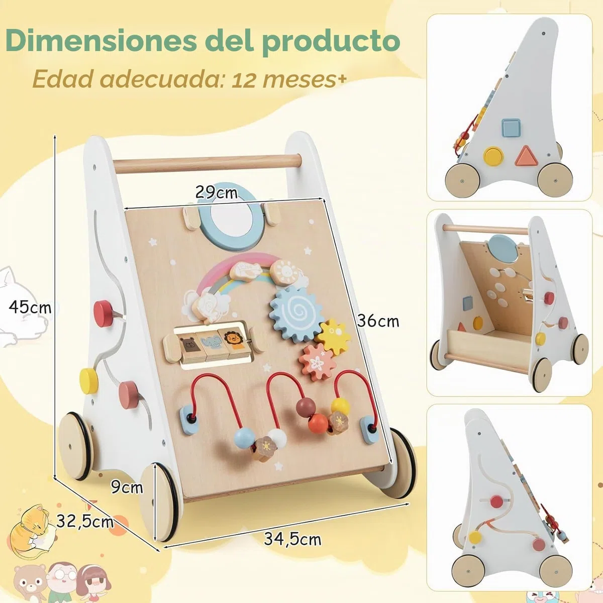 FANTASK Andador 7 en 1 de Madera, con Caja de Almacenamiento, Color Blanco, con Tablero de Juego, Espejo y Bloques de construcción, para bebés a Partir de 1 año