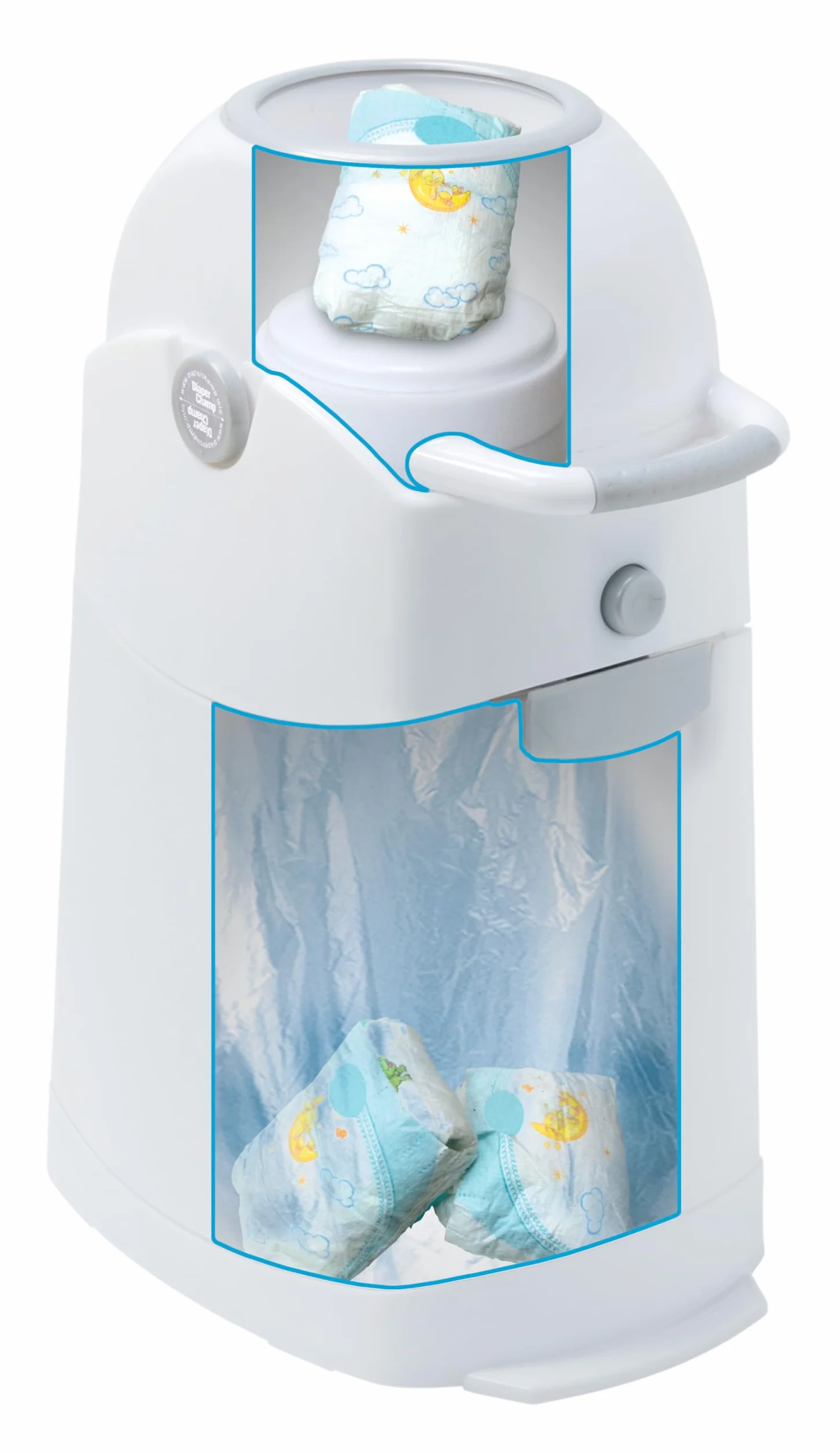 ASALVO Contenedor de pañales con 3 cierres herméticos antiolores y antibacteriano, funciona con bolsas de plástico normales, desmontable para limpieza, capacidad para 50 pañales, Blanco