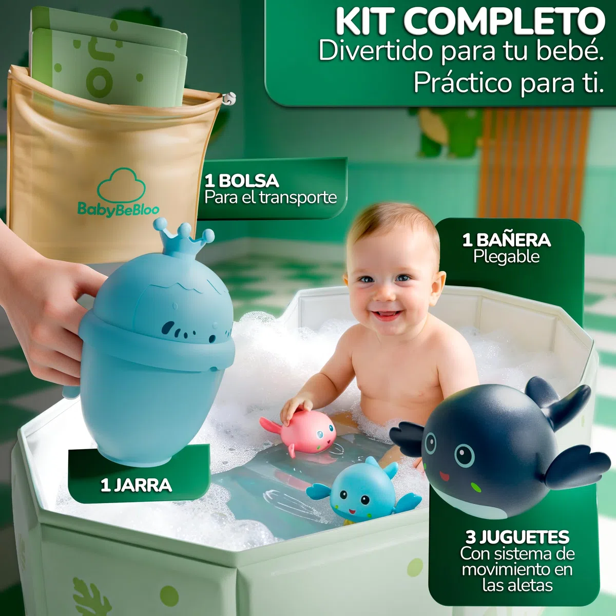 Kit Bañera Plegable Bebe - Bañera Portátil Bebé con Jarra, Bolsa y Accesorios - Bañera Bebé Grande Antideslizante - Plegable Viaje o Plato Ducha - Color Verde
