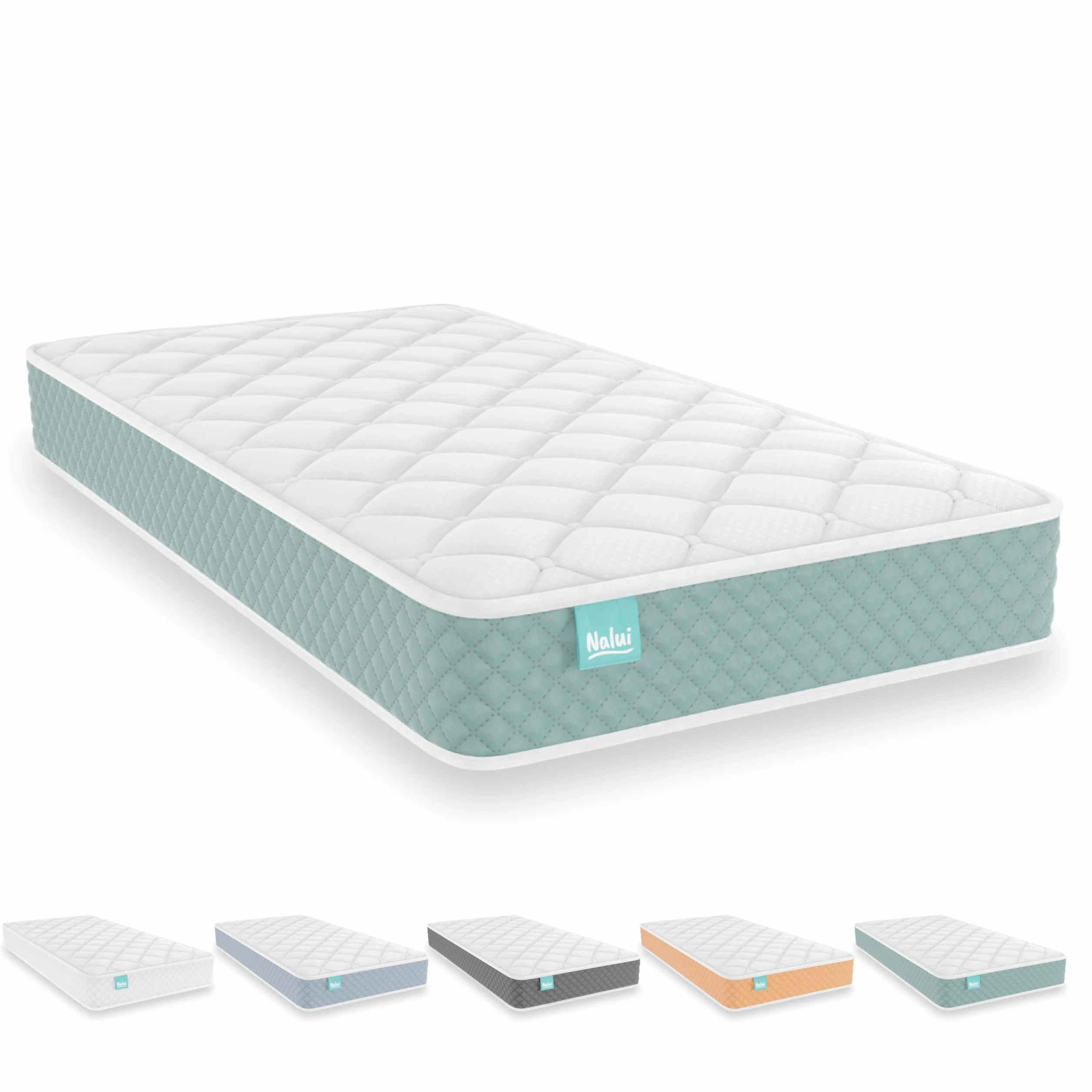 Nalui - Colchón Cuna Viscoelástico 120 x 60 cm Baby One Núcleo HR Adapt Foam, Tejido 3D Transpirable y Tejido Strech Hipoalergénico, Certificado Oeko-Tex® | Hecho en España. Altura ±12cm, Aguamarina