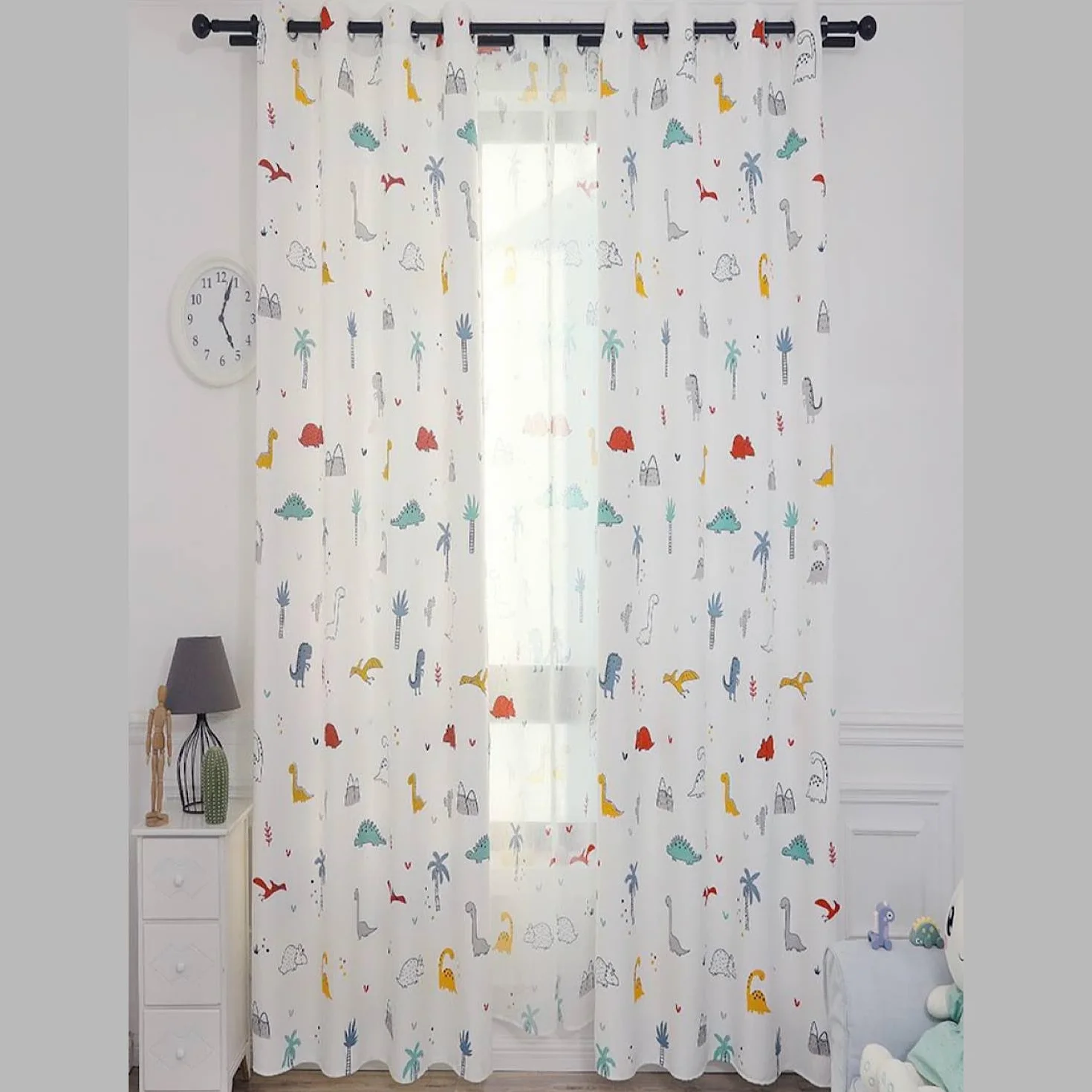 Cortina de dinosaurios para habitación infantil 280 x 140 cm blanca estampados colores ojales metal opaca