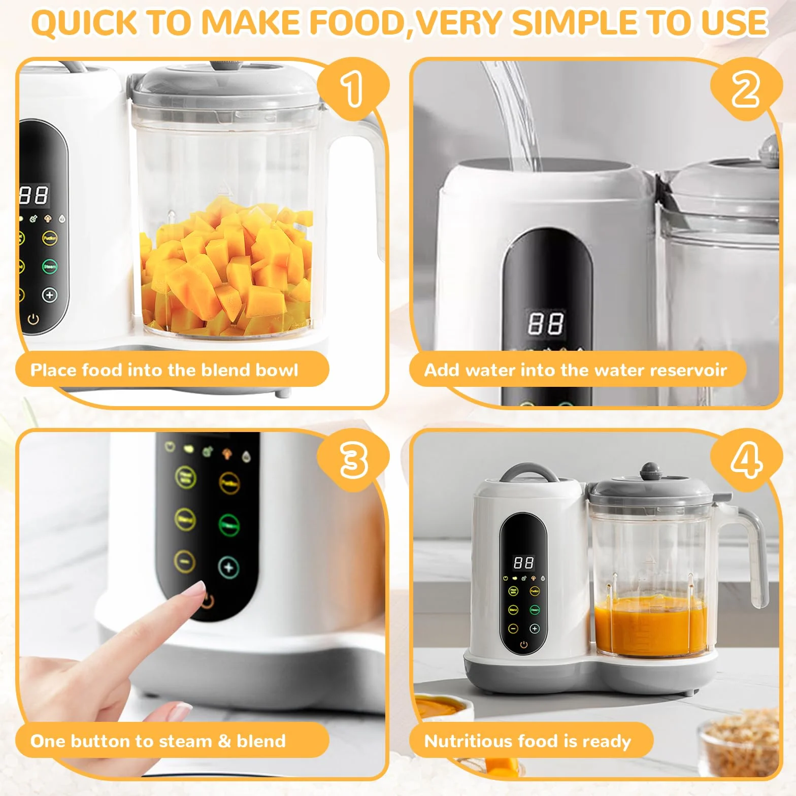 Robot Cocina Bebe, Multifunción Procesador de Alimentos Bebe, Robot de Cocina para Bebé, Cocina y Trocea Automáticamente, Limpieza Automática, Esterilizado, Recalentar, Descongela, Mezcla