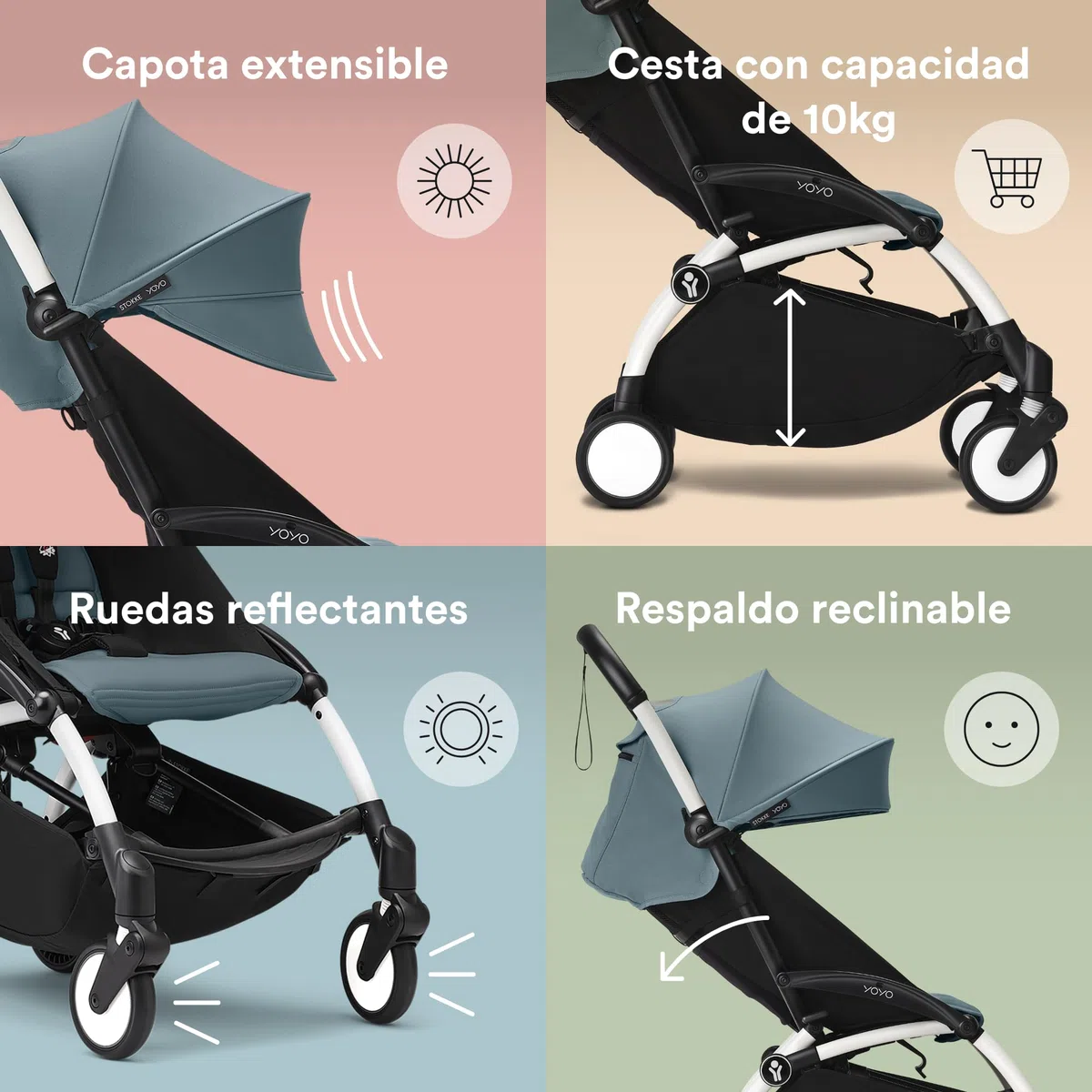 Cochecito YOYO3 de Stokke con Pack para Recién Nacido: Incluye chasis en blanco, pack color 6+ para YOYO (Aqua) y pack para recién nacidos 0+ (Aqua)