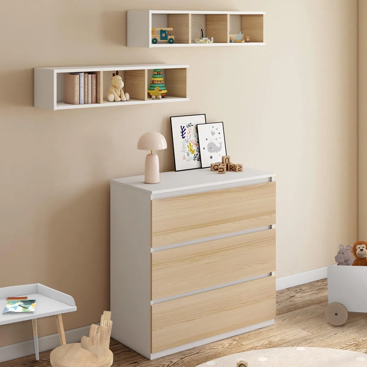 IDMarket - Cómoda Cambiador Evolutiva Ámbar estilo haya y Blanco de 3 cajones con Mesa Cambiador y 2 estantes extraíbles