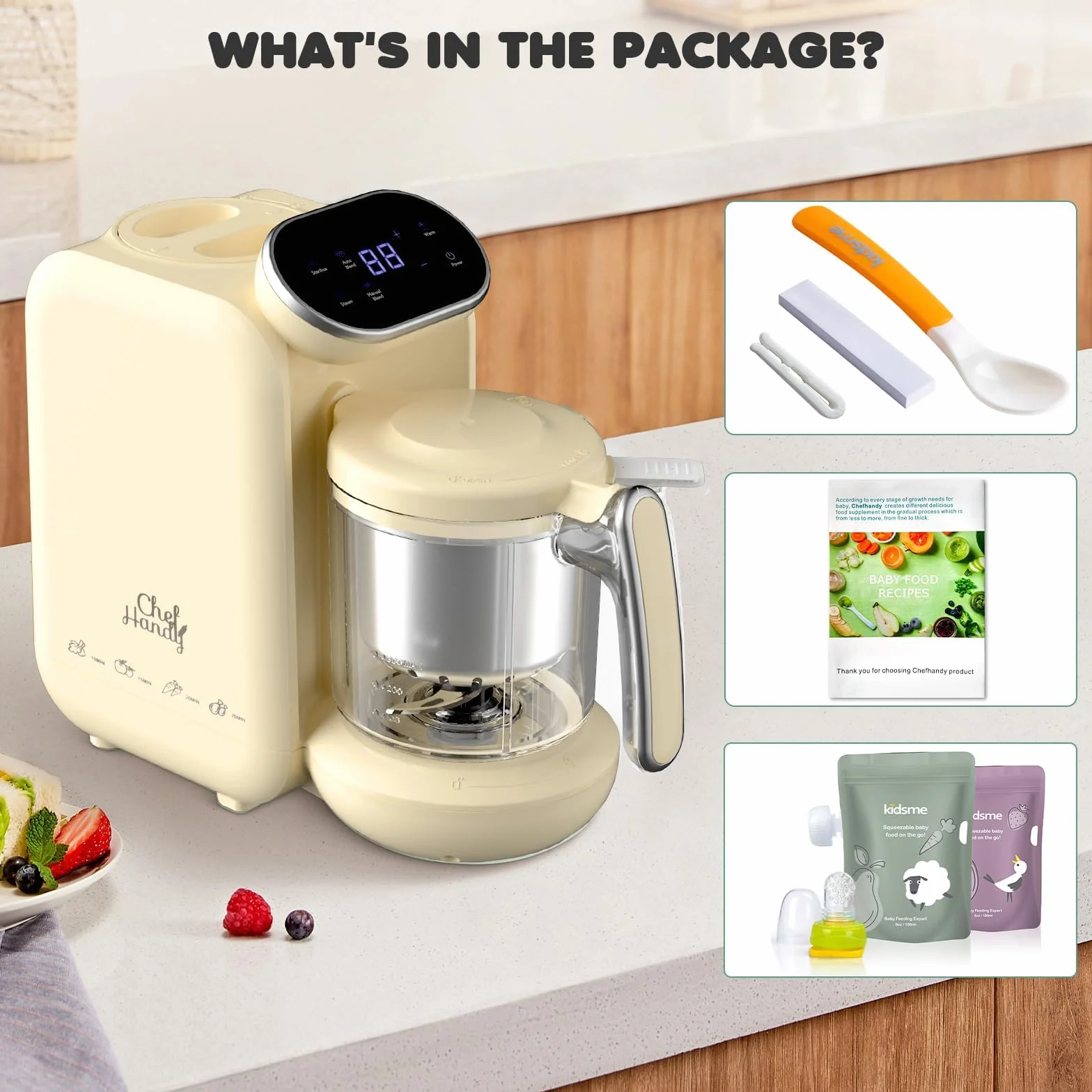 Procesador de alimentos para bebé 5 en 1, Multifuncional con Control Inteligente, Vaporera y Molinillo, Auto-Cocción y Molienda, Calentador de Comida para Bebés - Máquina de Molinos Amarillo