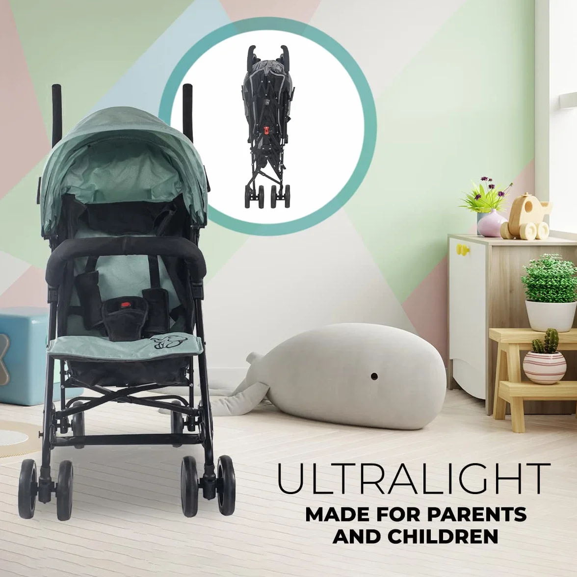 Mobiclinic®, Carrito bebe, Elefant, Marca española, Plegable, Respaldo reclinable, Doble sistema de seguridad, Ruedas extraíbles, Arnés ajustable 5 puntos, Silla paseo ligera, Verde y negra