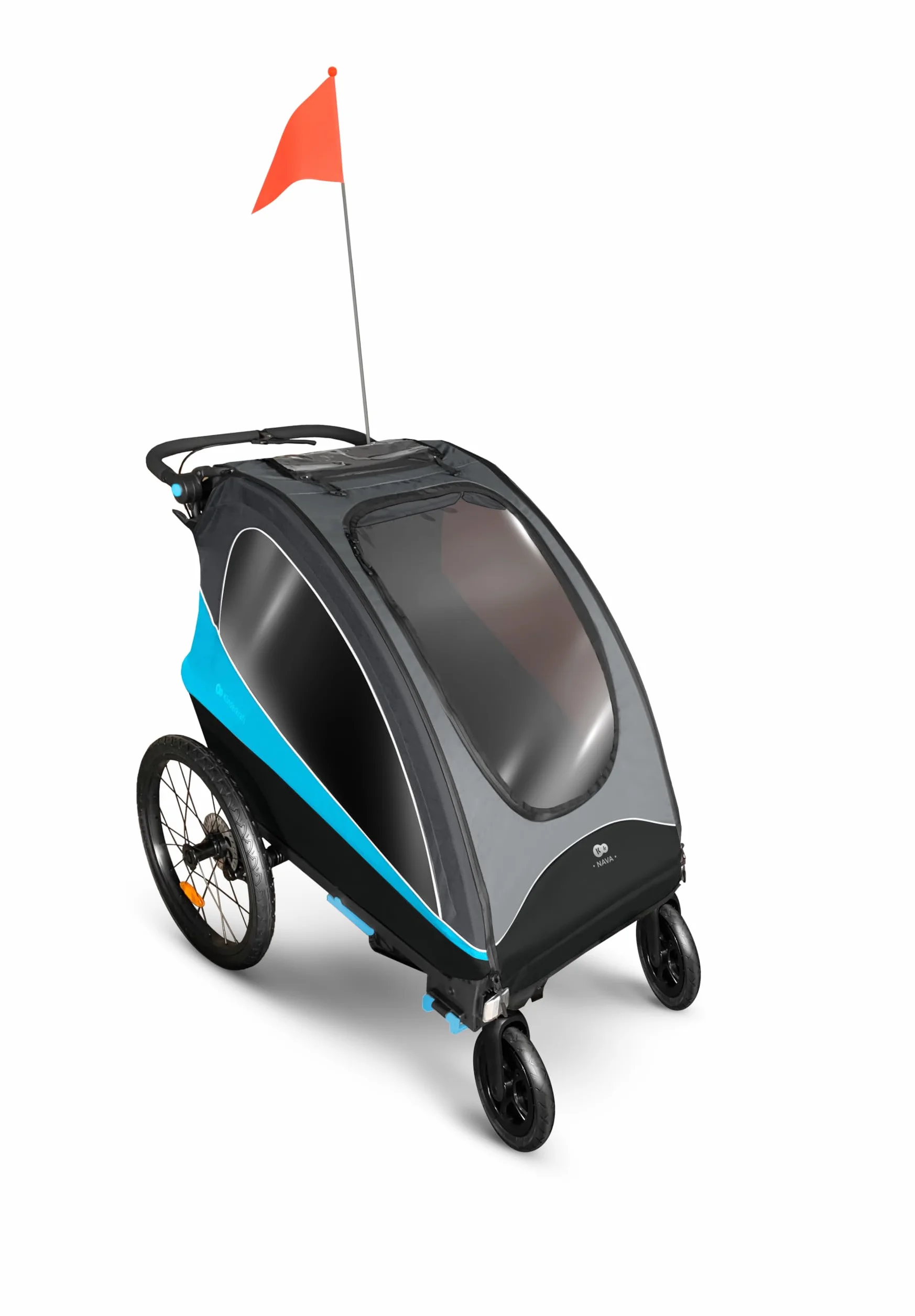 Kinderkraft NAVA 3 in 1, Rimorchio per bambini, Passeggino, Jogger, Carrozzina, Rimorchio per bicicletta, per uno o due bambini, 2x22 kg, Parapioggia, Protezione dagli insetti, Azul