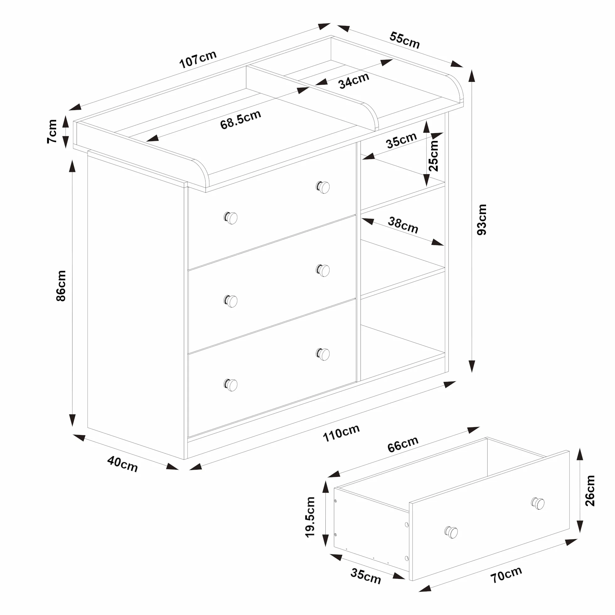 [en.casa] Mueble Cambiador Bebé Beldinupp 2 en 1 Cómoda con Cambiador Bebé con 3 Cajones y 3 Compartimentos Abiertos Moderno 93 x 110 x 55 cm - Efecto roble/Gris