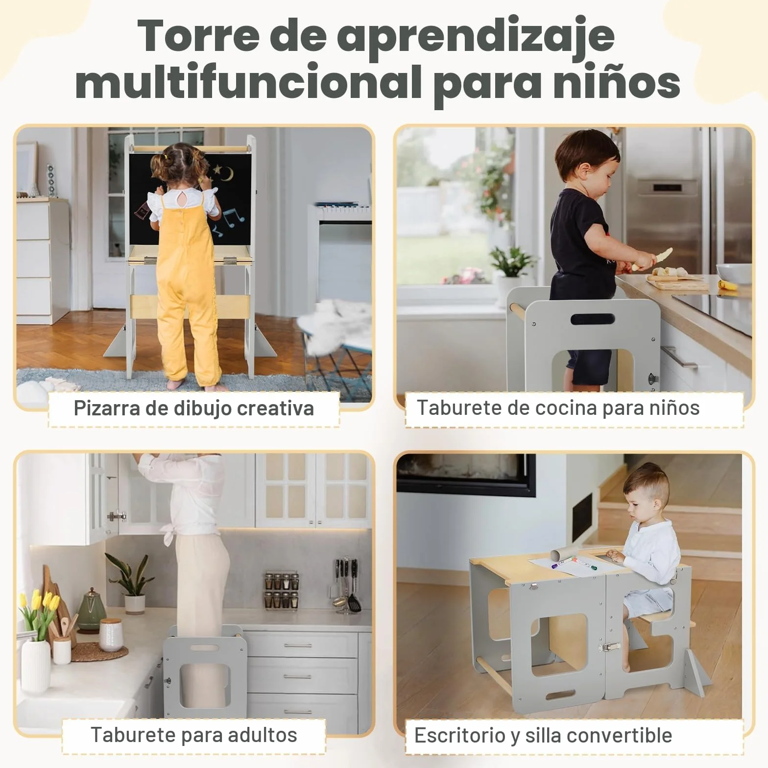 Labebe Torre de Aprendizaje Infantil 3 en 1 Plegable con Pizarra, Montessori para niños a Partir de 1 año