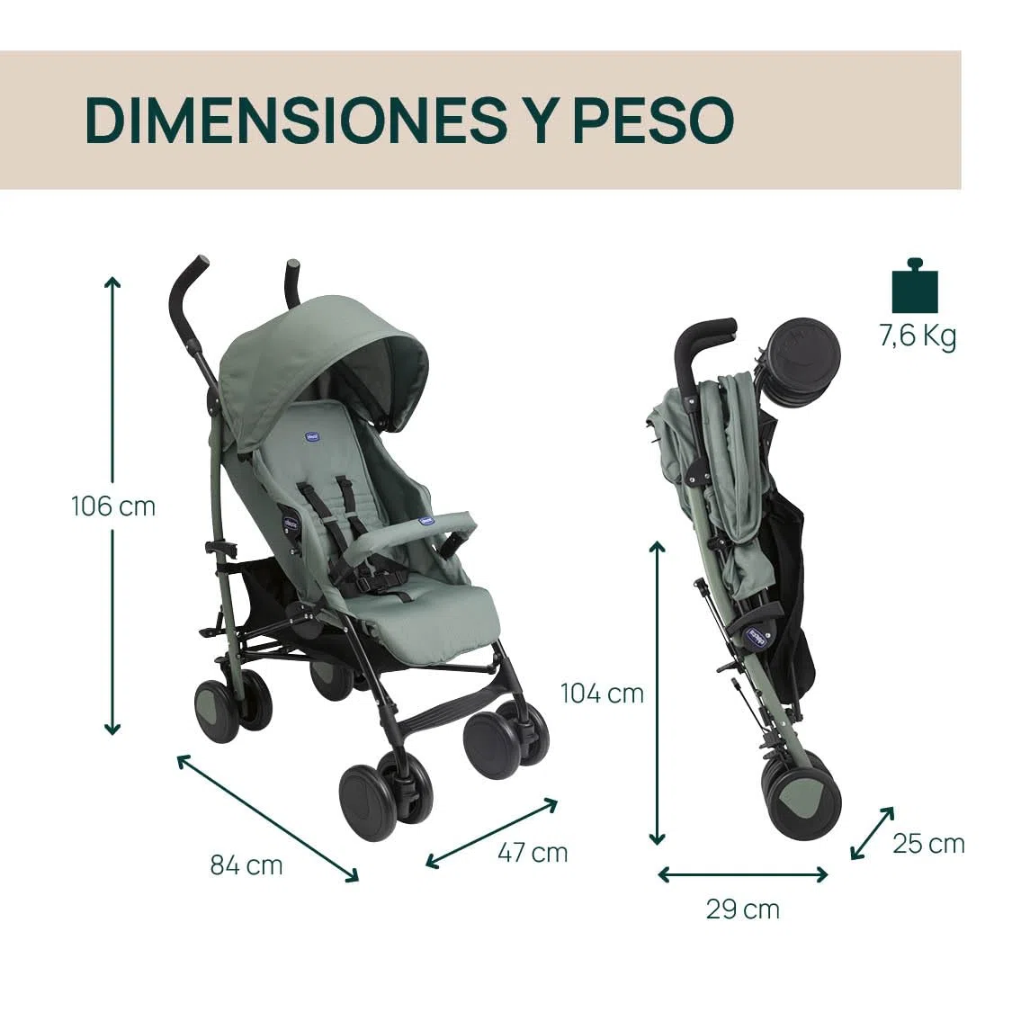 Chicco Echo Lite, Silla de Paseo Bebé Ligera, 0+ Meses-22 Kg, Respaldo Reclinable en 4 Posiciones, Asiento Espacioso, Paragolpes, Cierre Paraguas, Frenos Gemelos y Ruedas Delanteras Giratorias, Verde