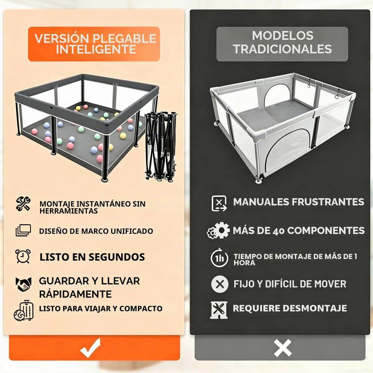 Parque infantil plegable para bebé con alfombrilla - 127x127CM - Parque, montaje rápido, seguro y portátil para interior y exterior (gris)