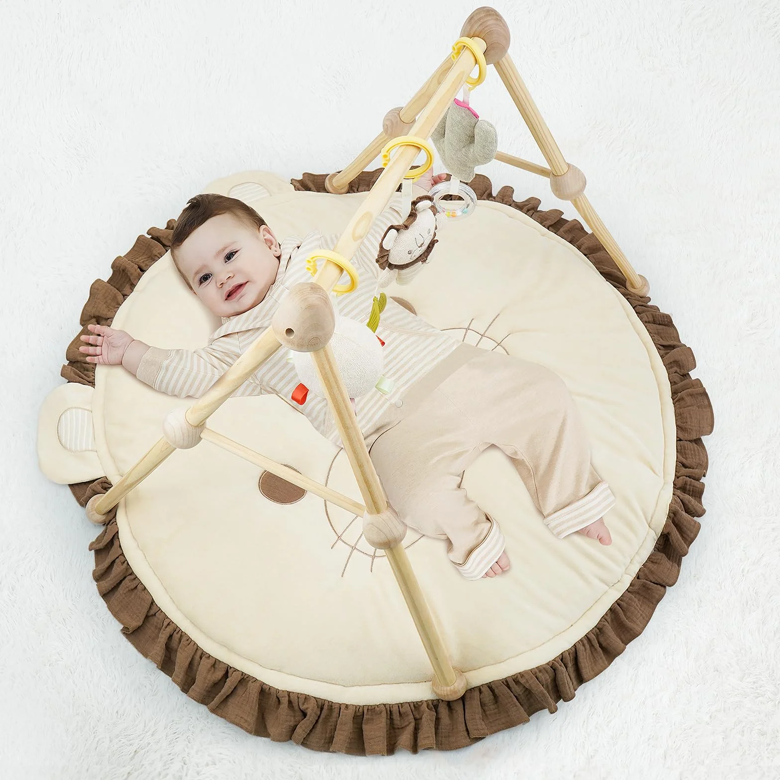4 IN 1 Gimnasio para Bebé, Alfombra de Juegos con Madera Natural, 3 Juguetes Desmontables para Agarrar, Montessori para 0-3-6-12-36 Meses, León Marrón