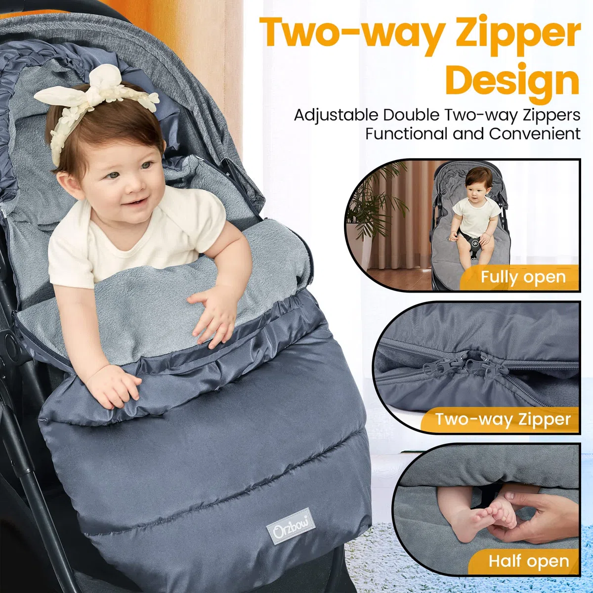 Orzbow Saco Silla Paseo Universal Invierno, Saco Carro Bebe Invierno Saco Carrito Bebe universal con Cremallera, Pile Coral, Impermeable y Detachable, Lavabile in Lavatrice, Gris