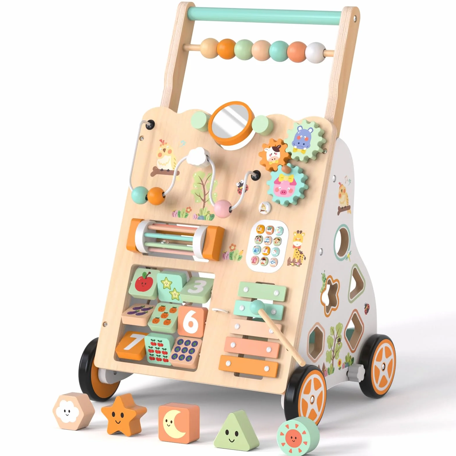 Andador de madera para niños 12+ meses, caminador Montessori con centro de actividades, laberinto de cuentas, clasificador de formas, xilófono y juego de pesca, altura y velocidad ajustables
